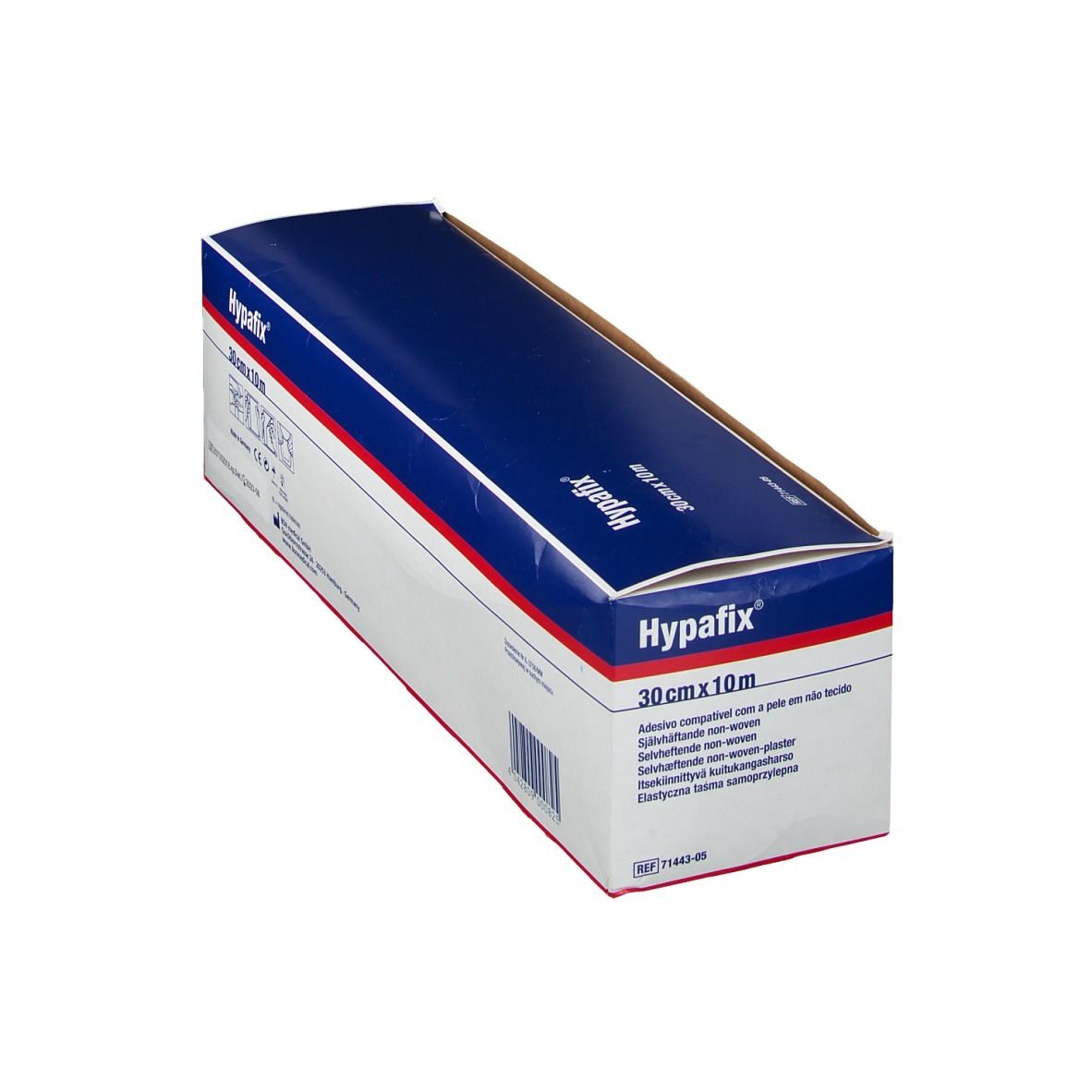 Emballage carton incliné de Hypafix, 30 cm x 10 m. Dos avec informations produit. Design bleu et blanc.