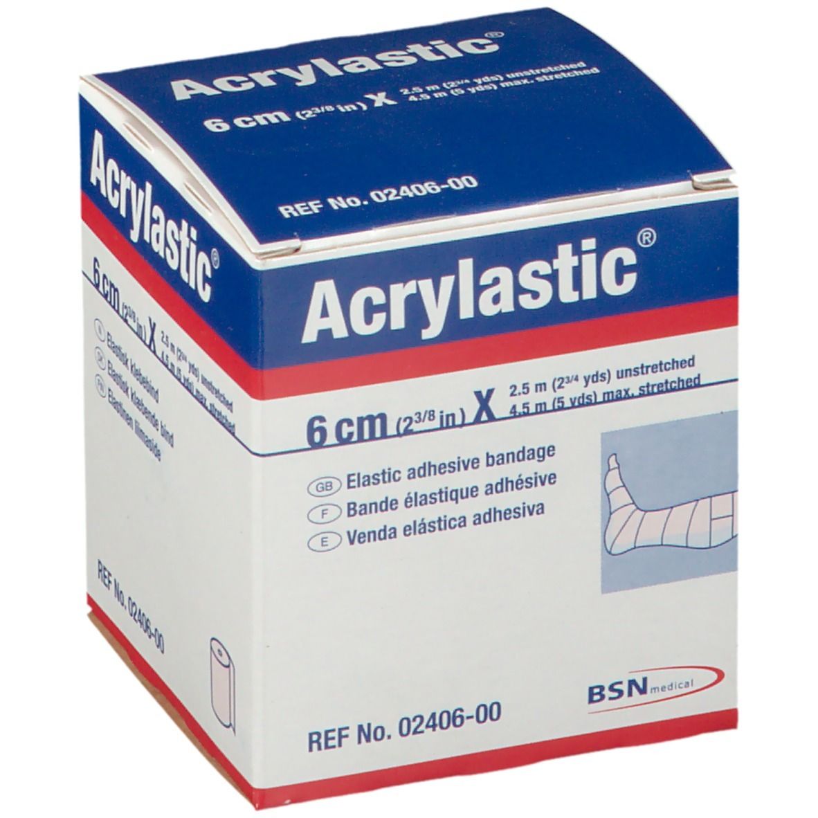 Boîte Acrylastic. 6 cm de bandage adhésif élastique. Emballage bleu et blanc. Contient un rouleau. BSN medical.