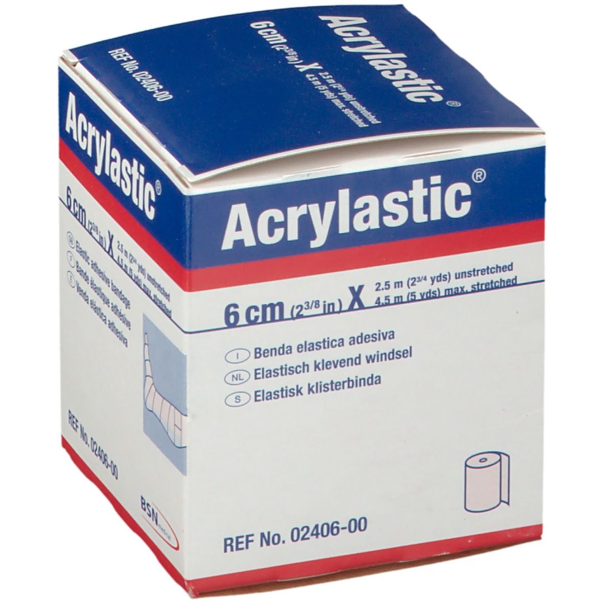Boîte Acrylastic. 6 cm de bandage adhésif élastique. Emballage bleu et blanc. Contient un rouleau. BSN medical.