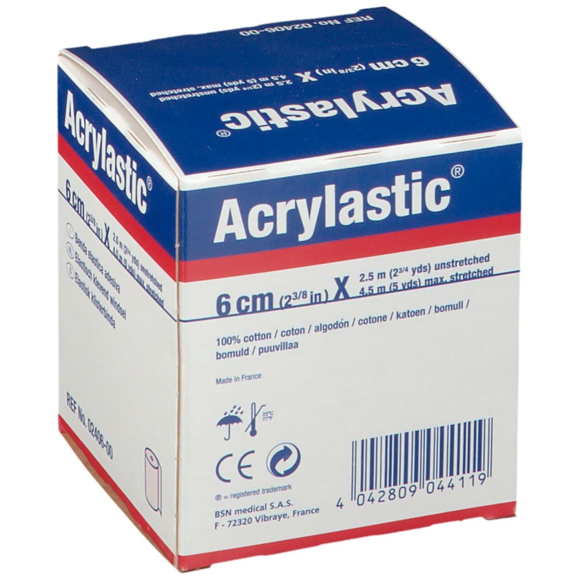 Boîte Acrylastic. 6 cm de bandage adhésif élastique. Emballage bleu et blanc. Contient un rouleau. Marquage CE.