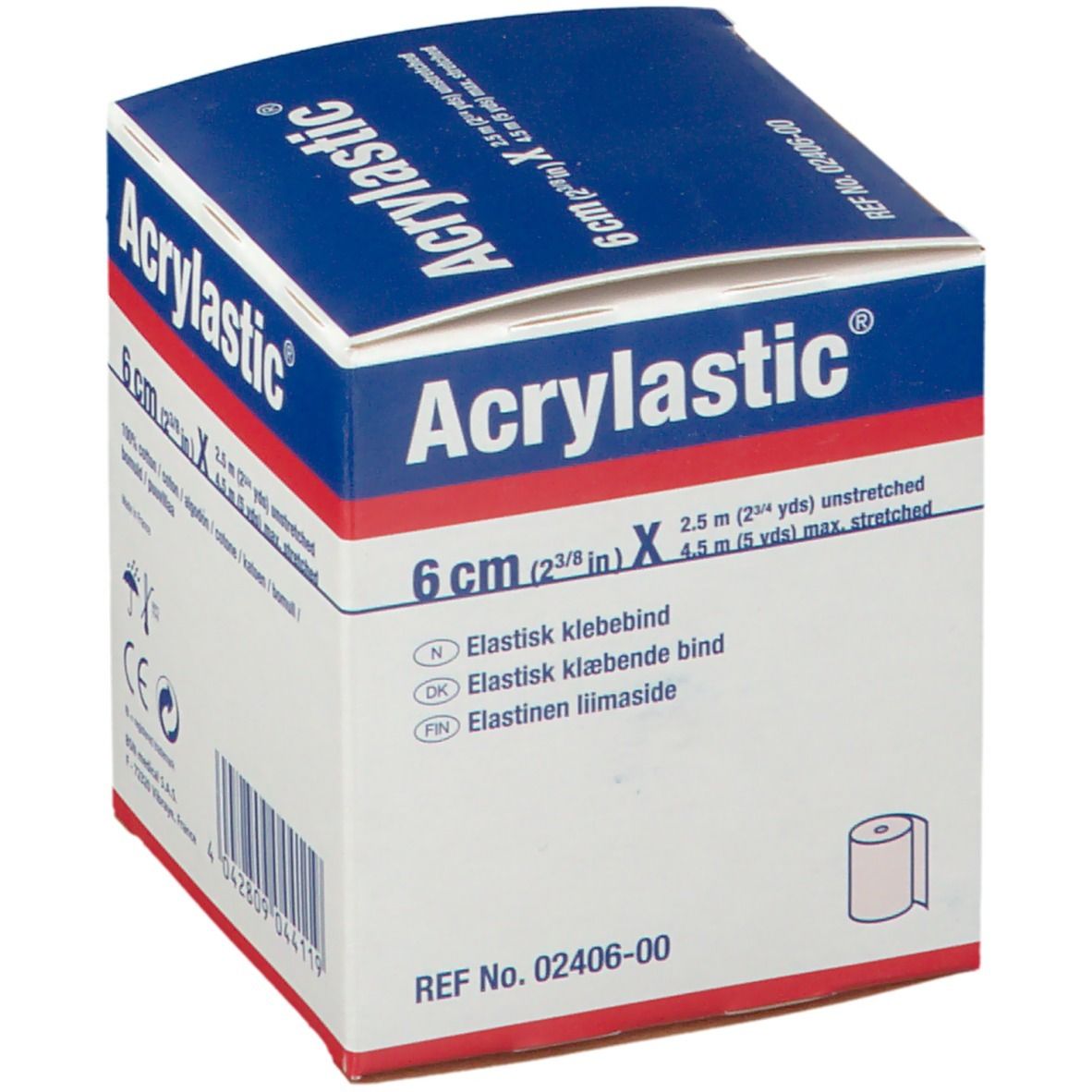 Boîte Acrylastic. 6 cm de bandage adhésif élastique. Emballage bleu et blanc. Contient un rouleau. BSN medical.
