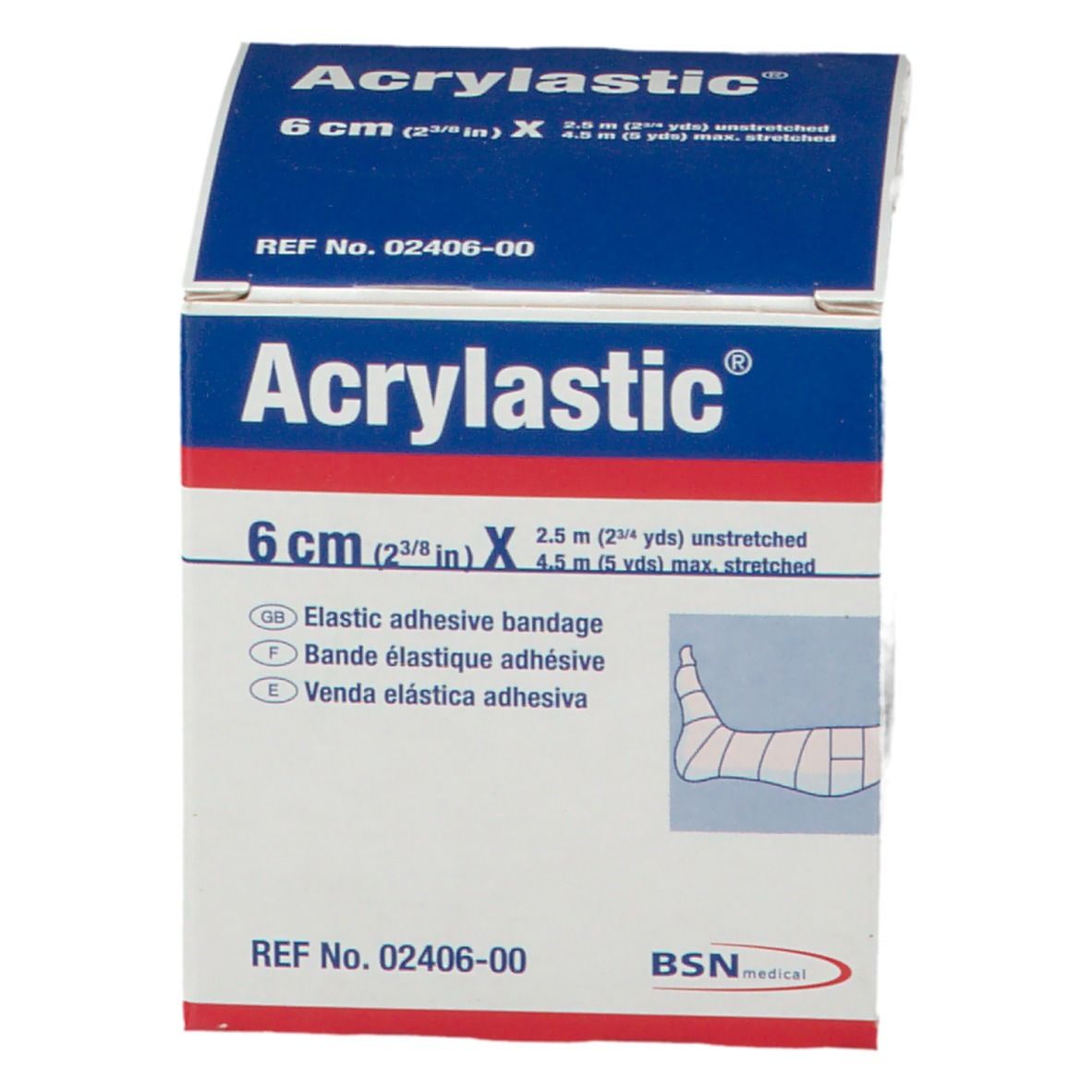 Boîte Acrylastic. 6 cm de bandage adhésif élastique. Emballage bleu et blanc. Contient un rouleau. BSN medical.