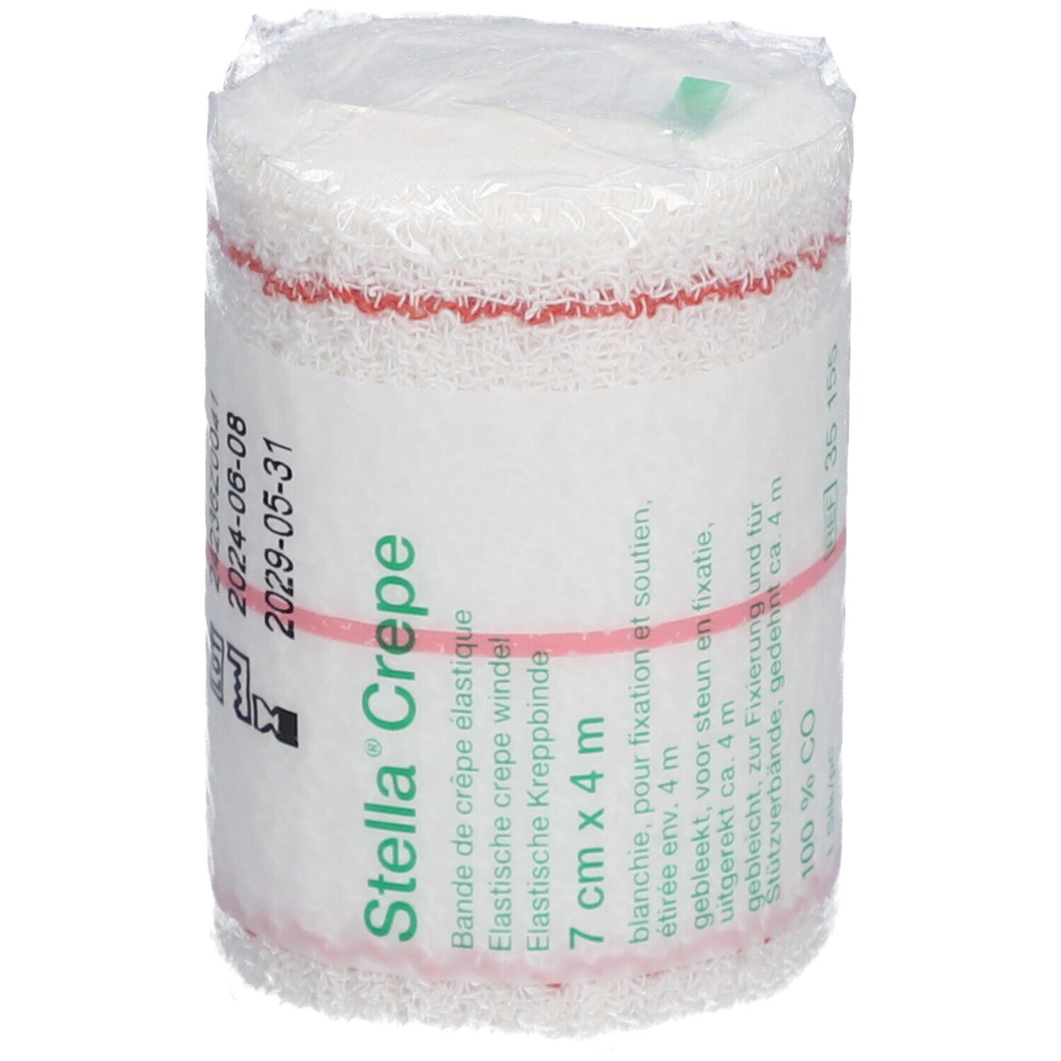 Bande crêpe élastique, 7 cm x 4 m, emballée. Bande rouge. Inscription : Stella Crepe.