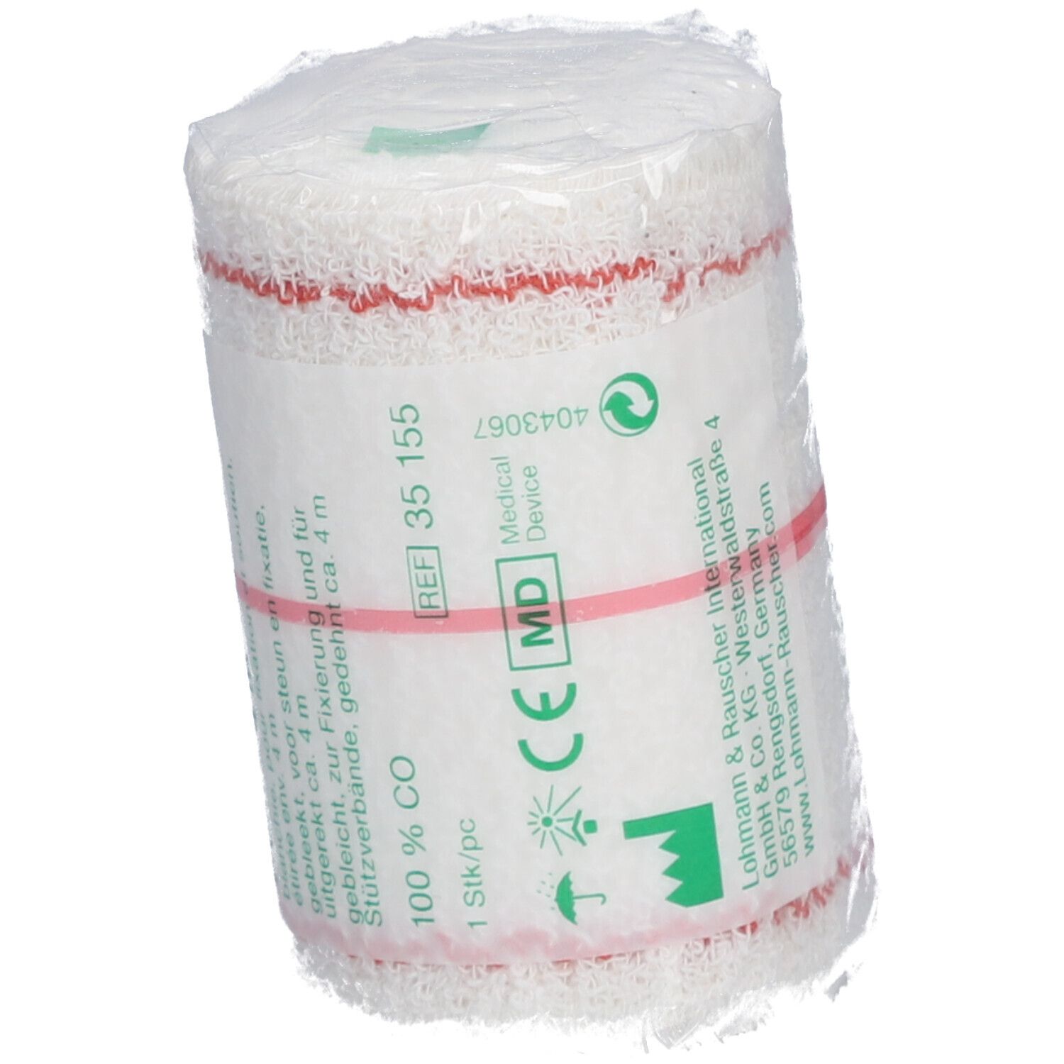 Bande crêpe élastique, 7 cm x 4 m, emballée. Bande rouge. Inscription : Stella Crepe.