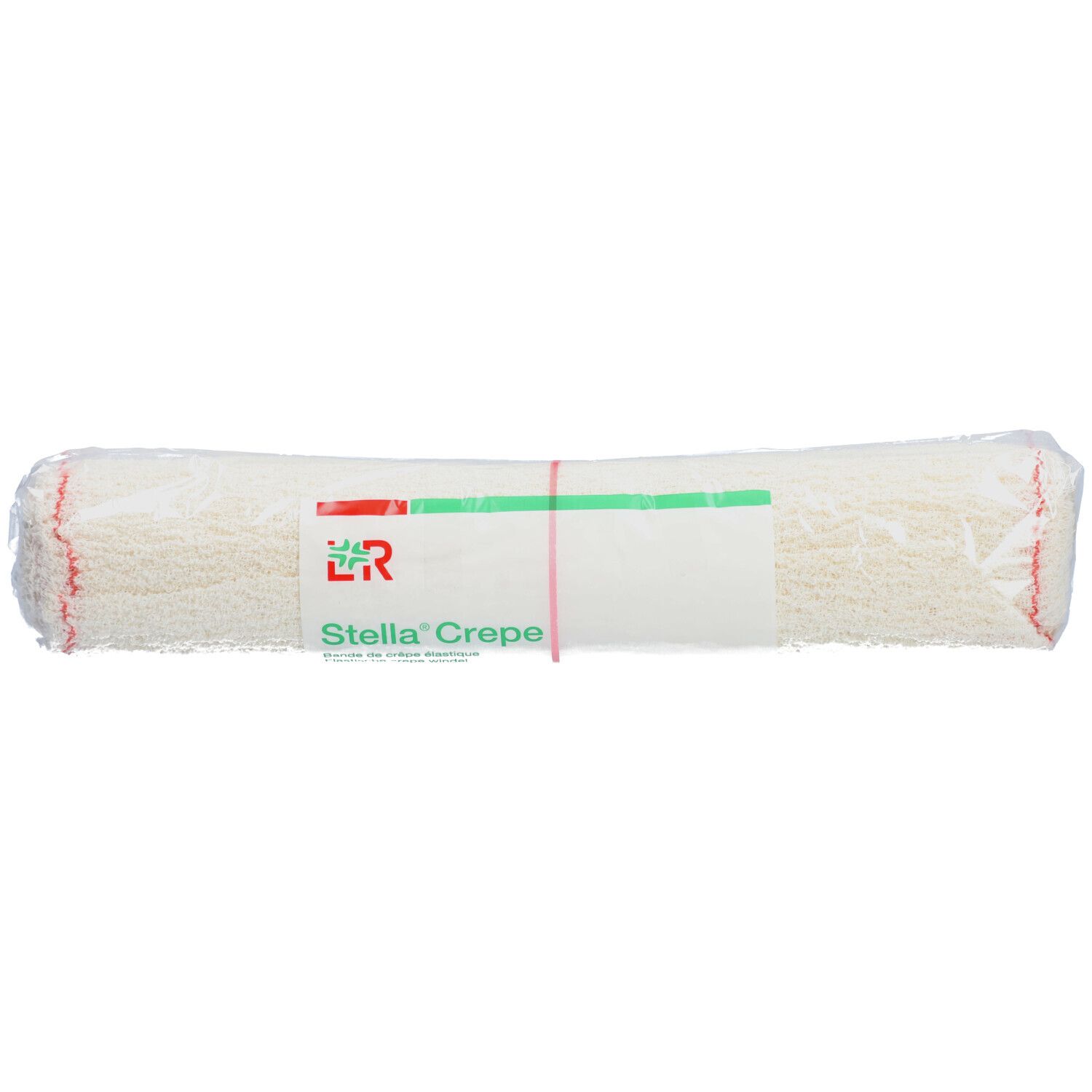 Bandage roulée sous film. Inscription: Stella Crepe. Bande verte et rouge.