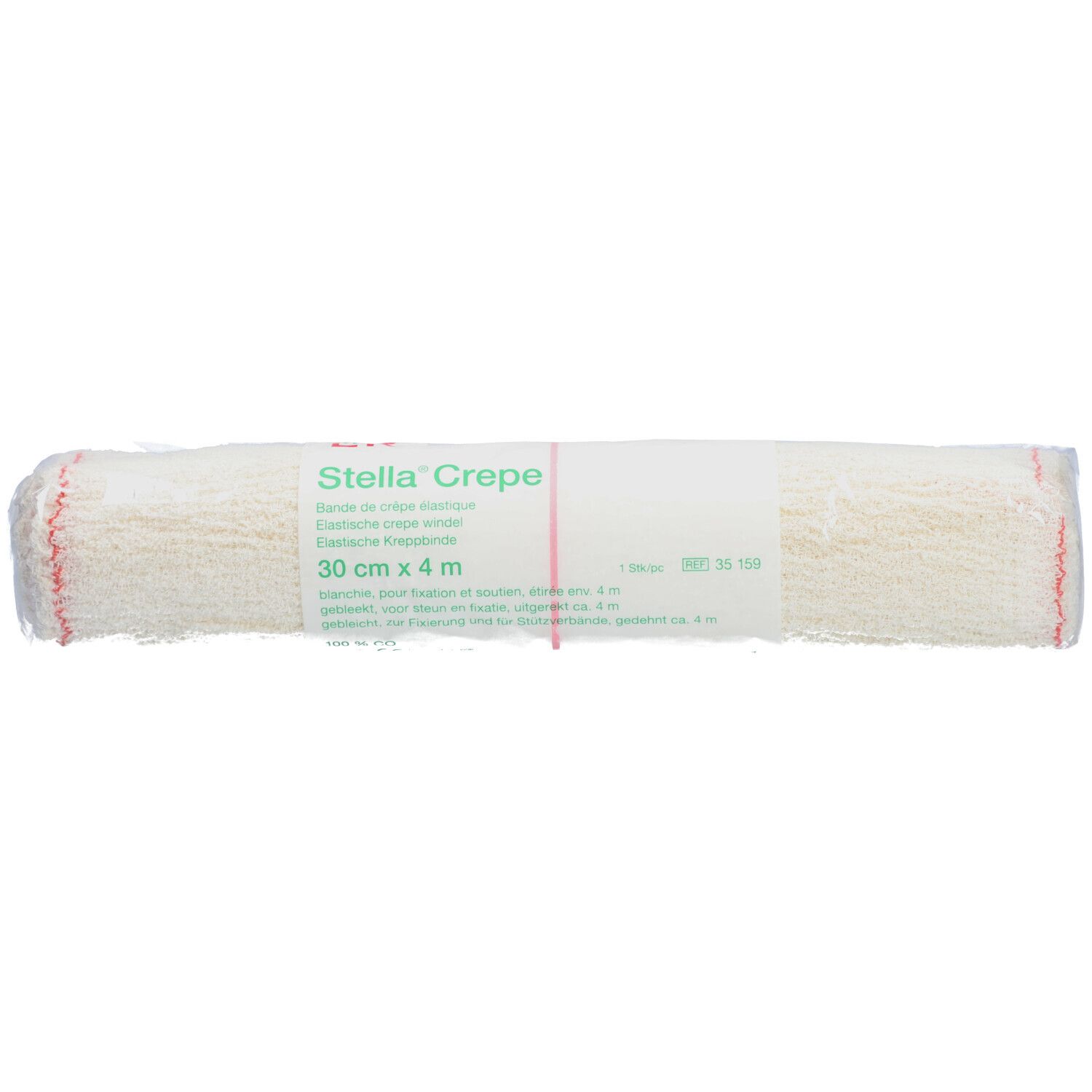 Bandage roulé sous film. Inscription: Stella Crepe, 30 cm x 4 m. Bord rouge.