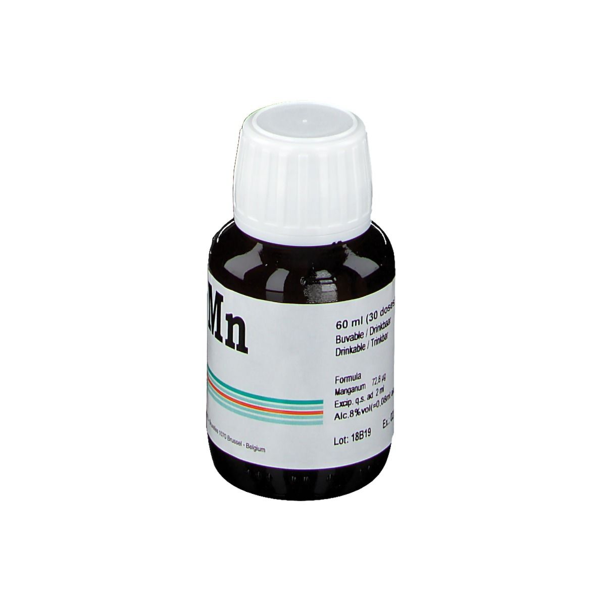 Flacon en verre brun avec bouchon blanc. Inscription "Biogam Mn".