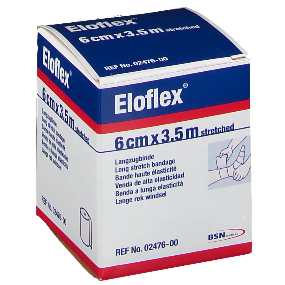 Boîte Eloflex, 6 cm x 3,5 m étiré. Bande de maintien élastique. BSN medical. Réf. 02476-00. Illustration d'application.