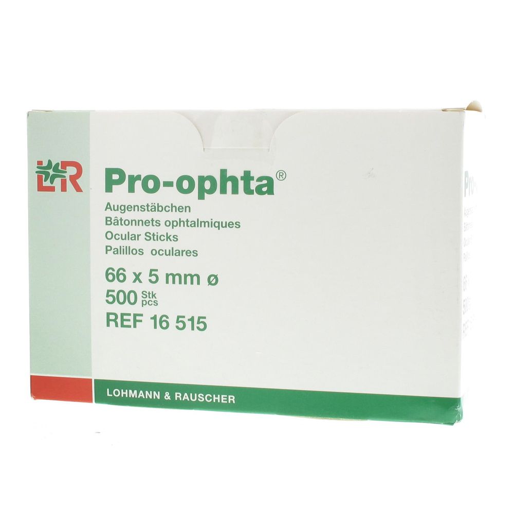 Boîte de Pro-ophta® Augentupfern. Carton blanc avec accents verts. Contient 500 pièces, 66 x 5 mm. Inscription: Bâtonnets ophtalmiques, Ocular Sticks.