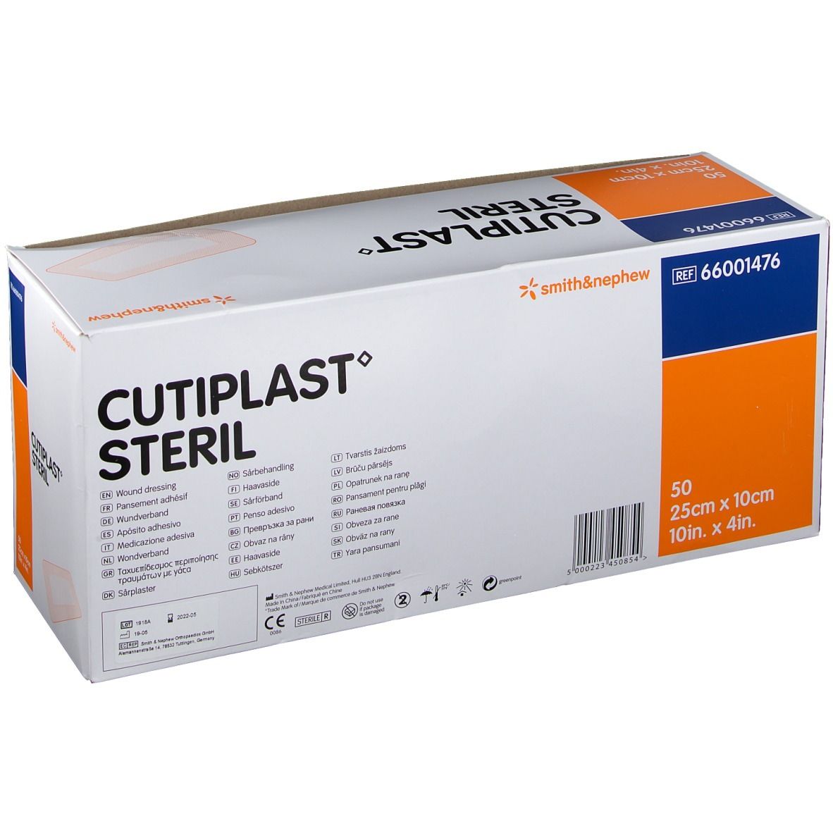 Boîte de CULTIPLAST STERIL. Contient 50 unités, 25cm x 10cm. Marque Smith & Nephew. Inscriptions multilingues.