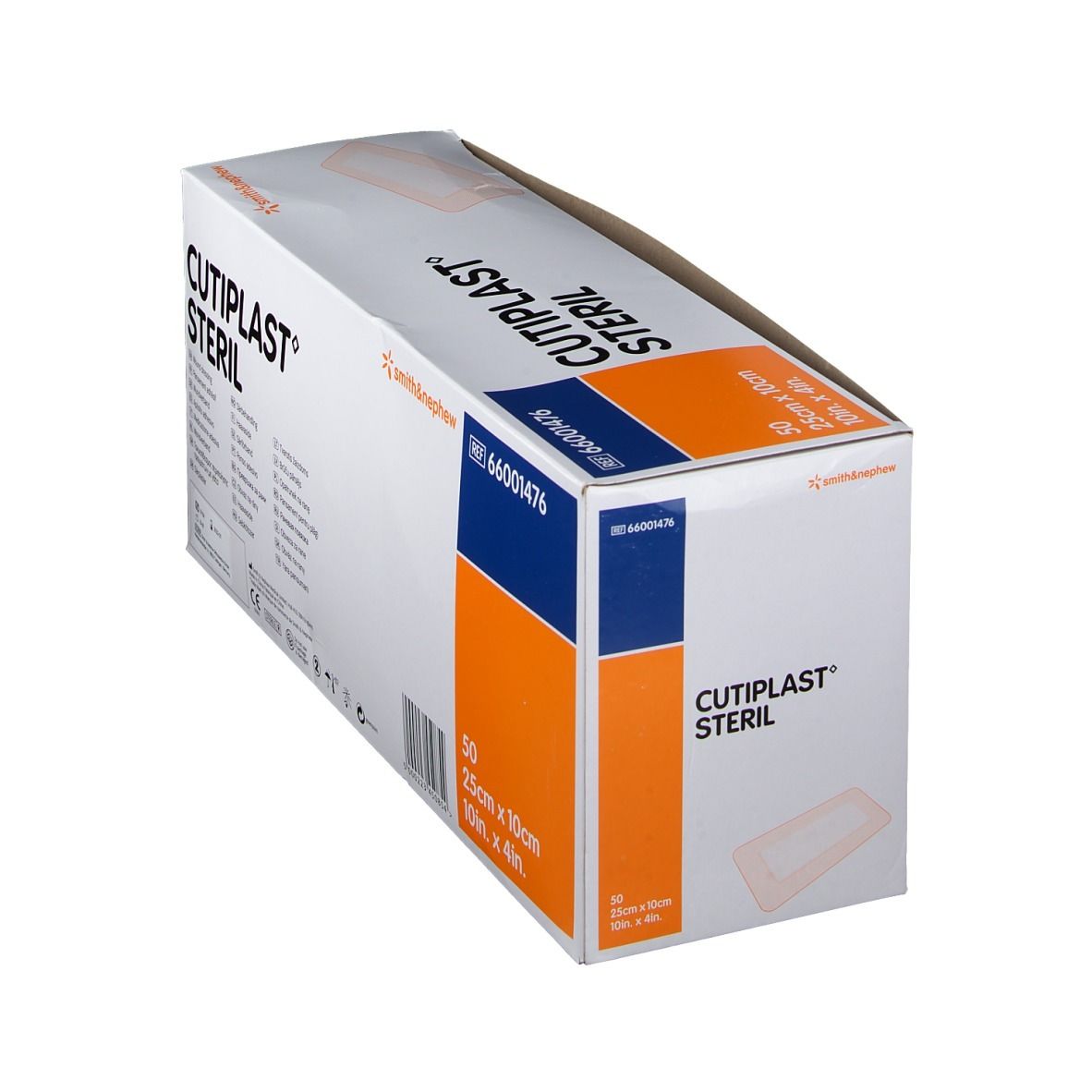 Boîte de CULTIPLAST STERIL en biais. Contient 50 unités, 25cm x 10cm. Marque Smith & Nephew. Référence 66001476.