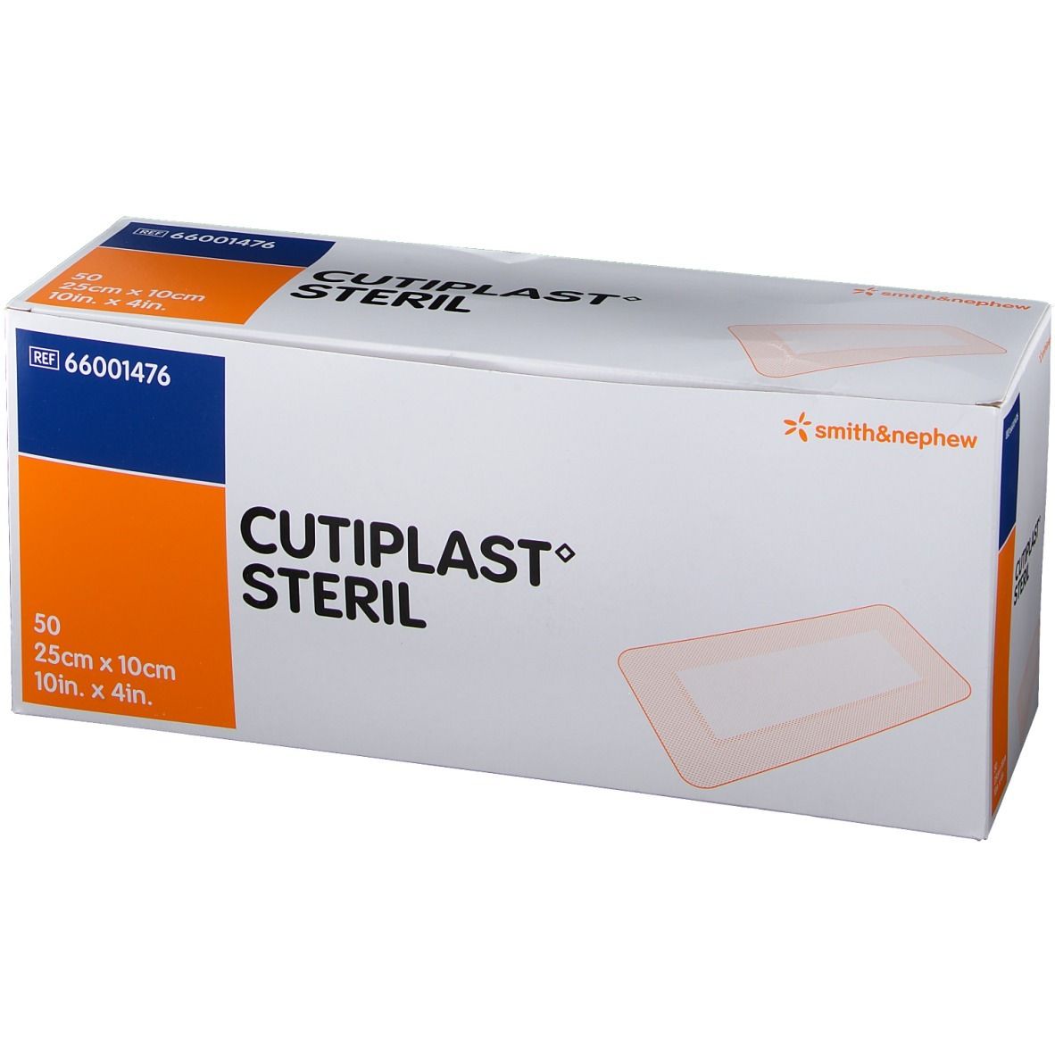 Boîte de CULTIPLAST STERIL. Contient 50 unités, 25cm x 10cm. Marque Smith & Nephew. Référence 66001476.