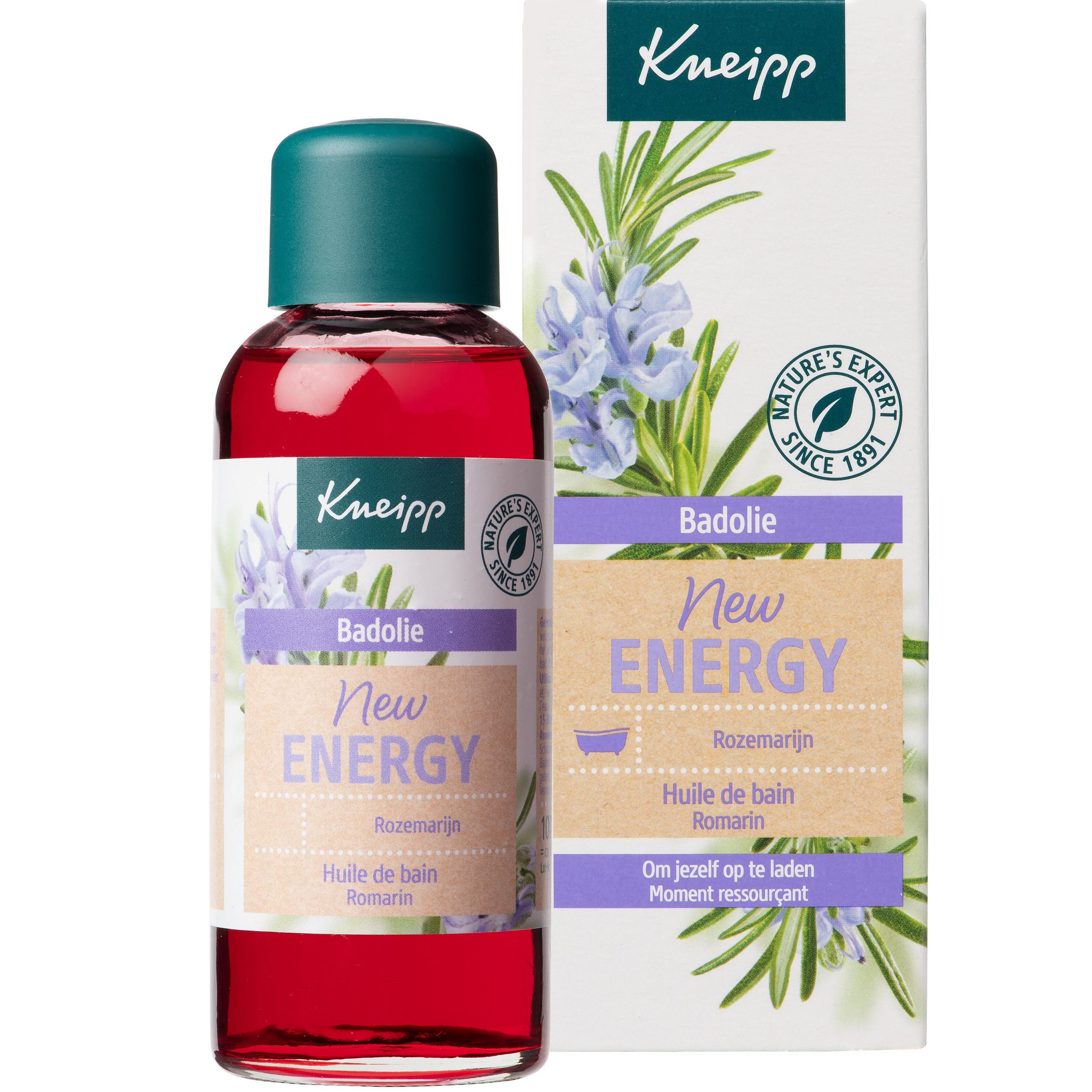 Huile de bain Kneipp New Energy. Bouteille avec bouchon vert et étiquette. Bain de romarin. Avec emballage.