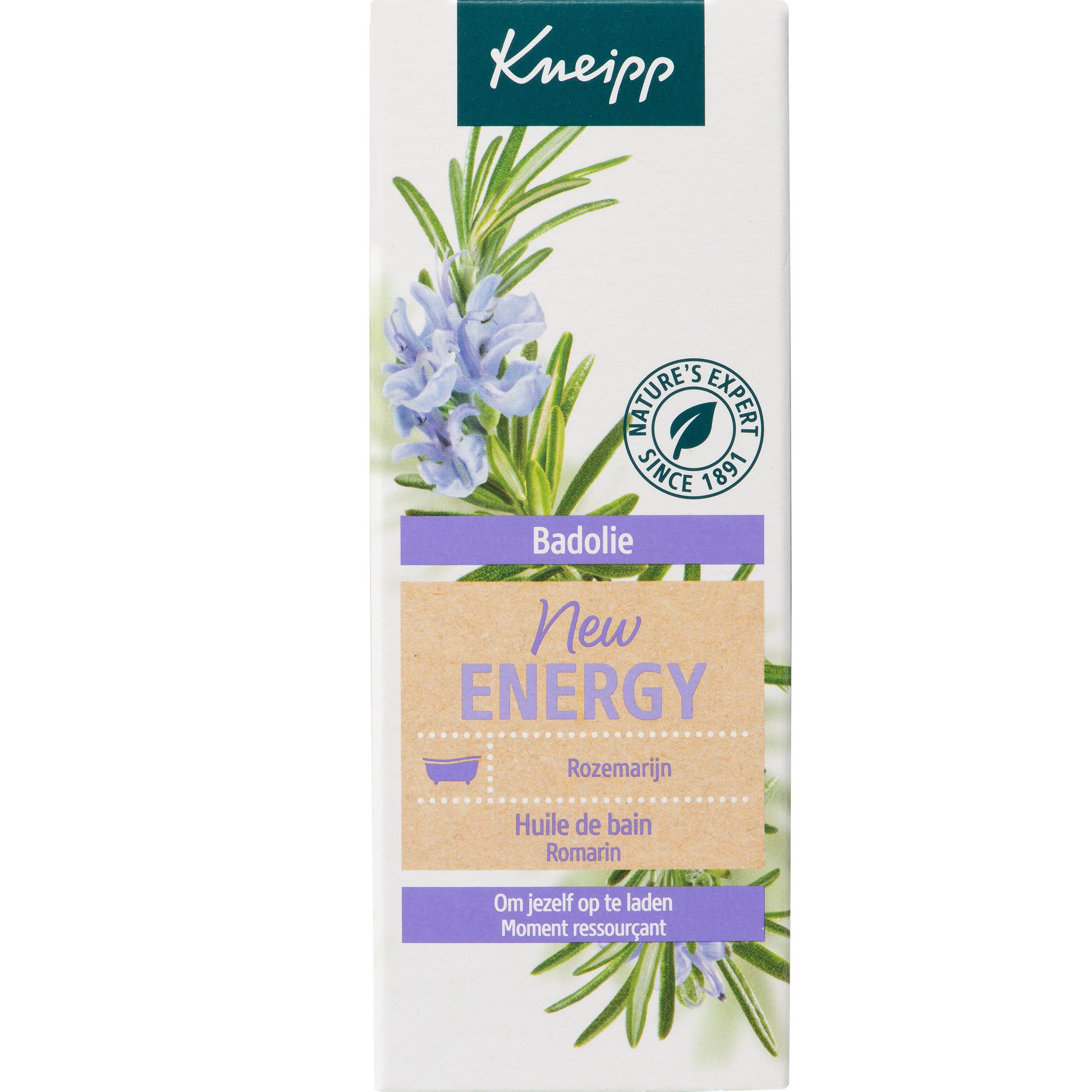 Emballage de l'huile de bain Kneipp New Energy. Bain de romarin. Avec texte en allemand, français, italien et néerlandais.