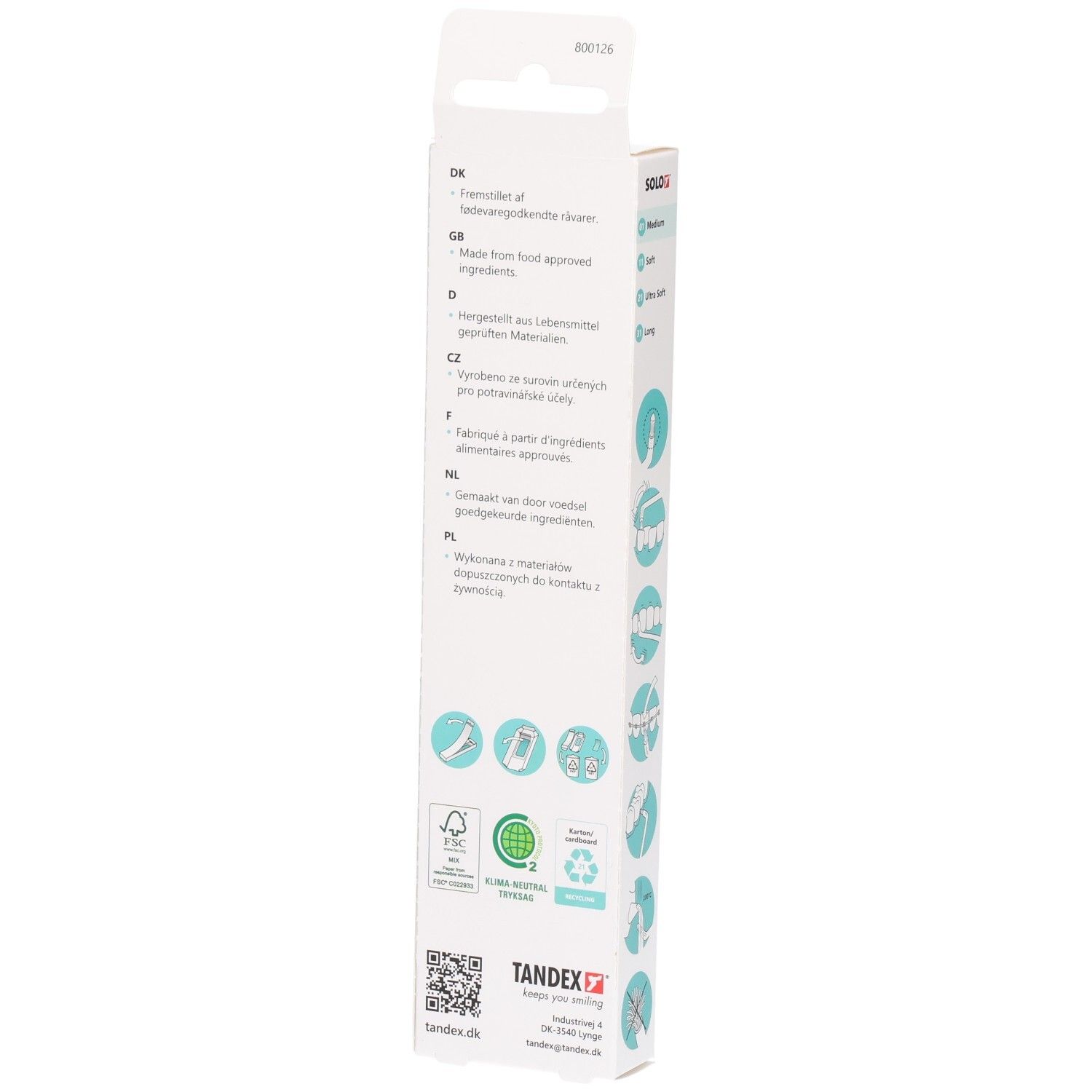 Dos de l'emballage de la brosse à dents. Texte en plusieurs langues. Marque : Tandex Solo. Avec symboles FSC et recyclage.