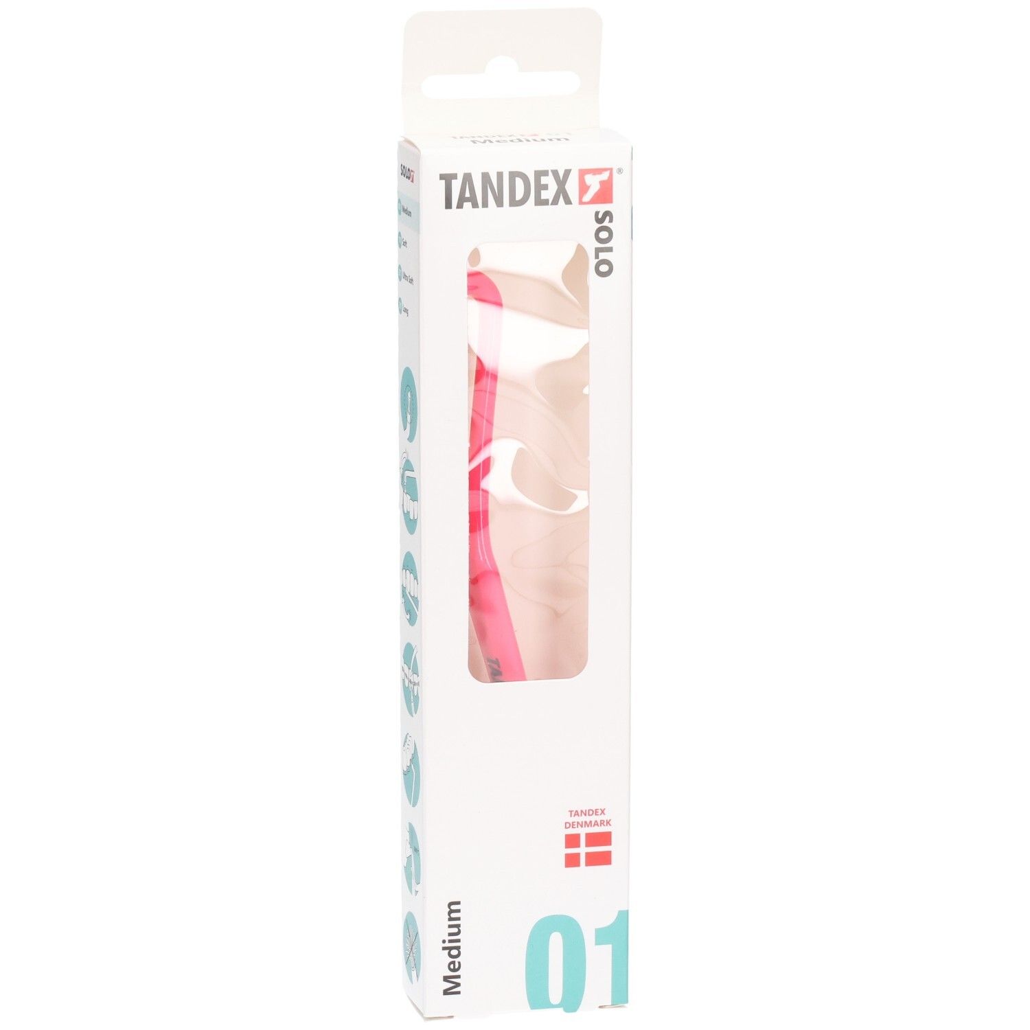 Emballage d'une brosse à dents Tandex Solo rose, Medium, avec drapeau danois.