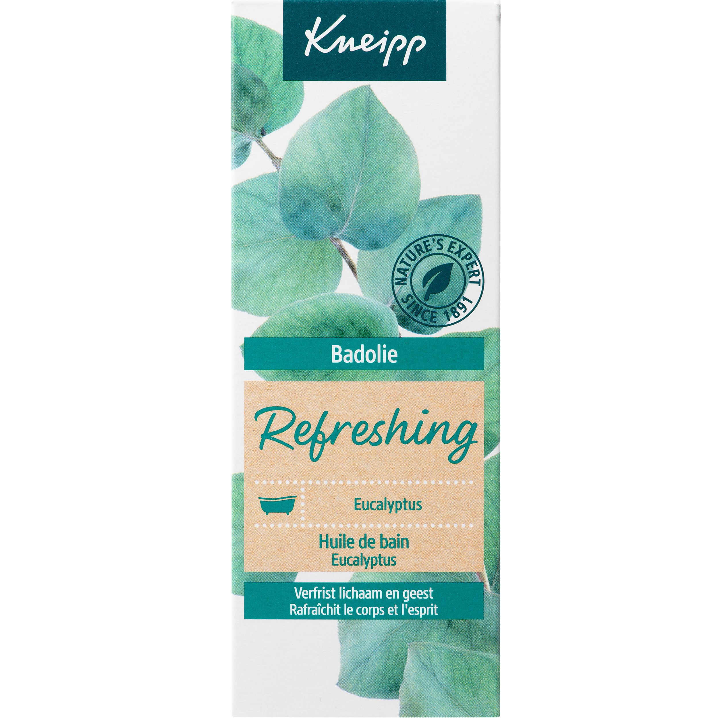Texte sur un emballage avec des feuilles vertes. Kneipp Badolie Refreshing Eucalyptus. Mode d'emploi.