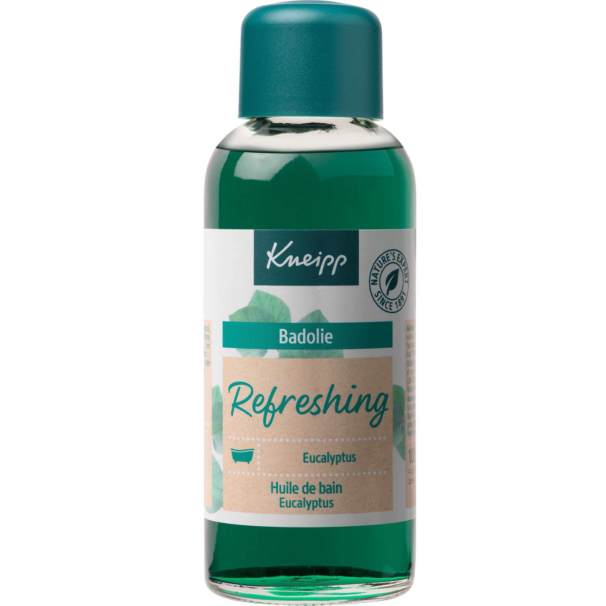 Flacon vert avec liquide vert et bouchon vert. Inscription Kneipp, Badolie Refreshing Eucalyptus.