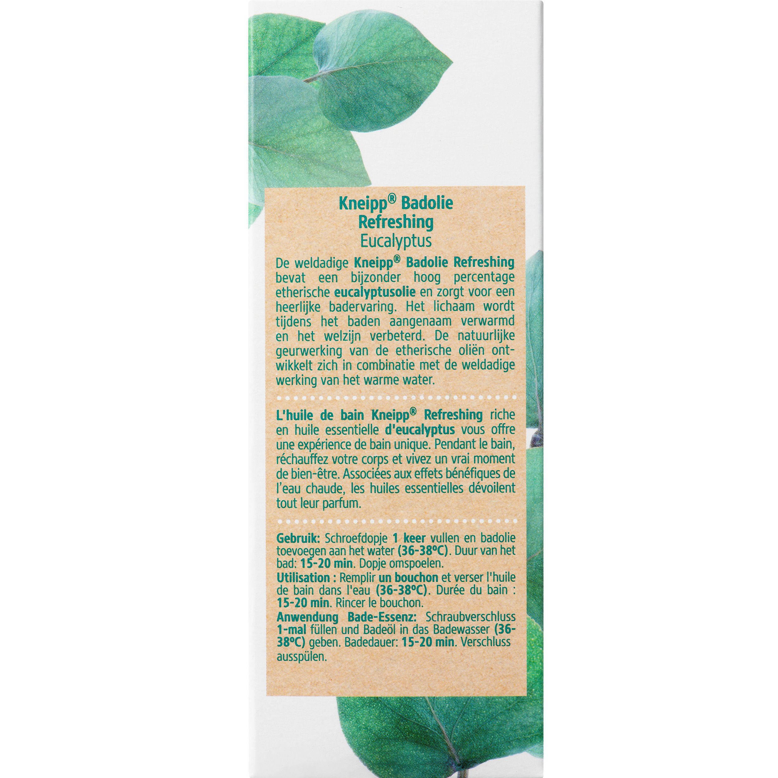 Texte sur un emballage avec des feuilles vertes. Kneipp Badolie Refreshing Eucalyptus. Mode d'emploi.