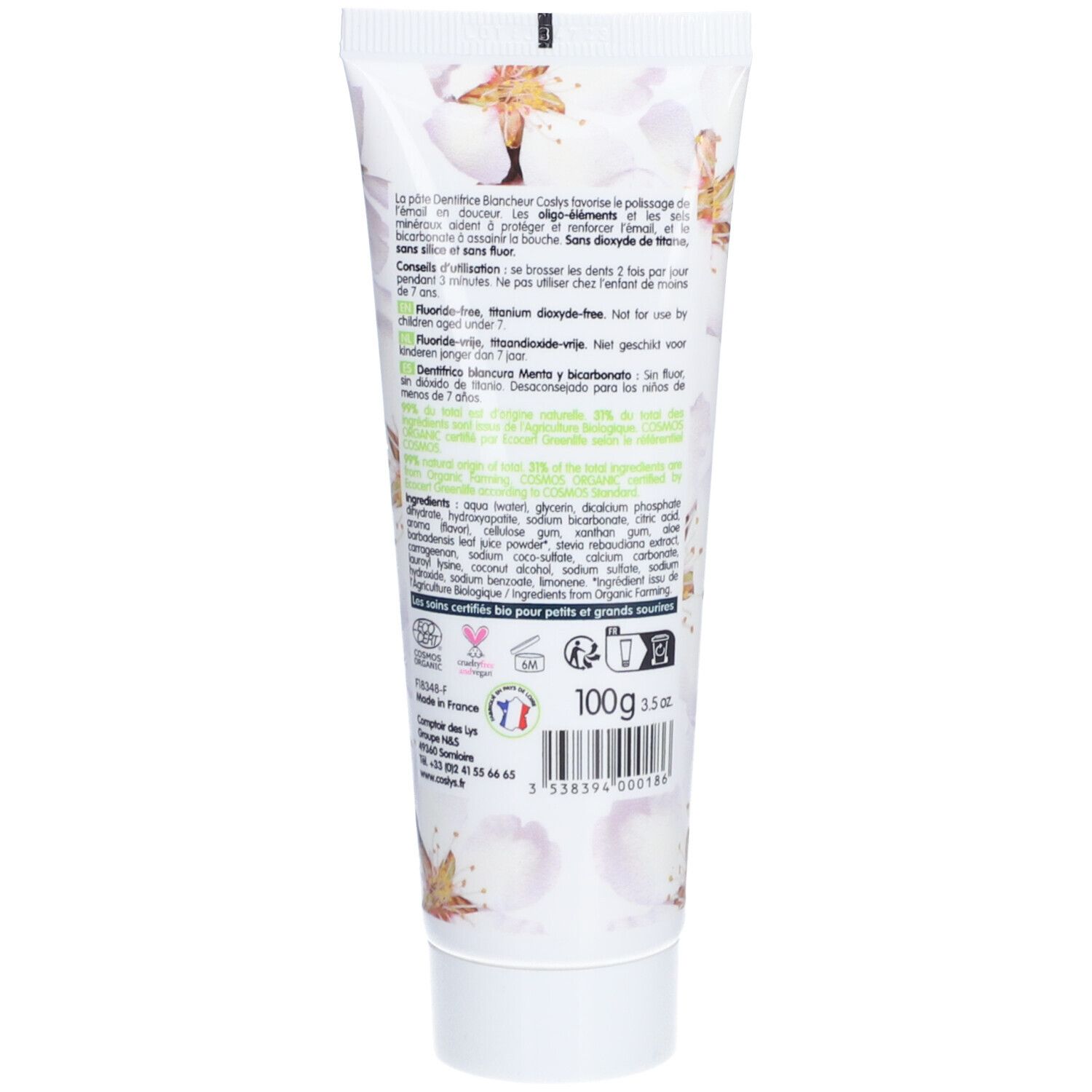 Dos du tube de dentifrice. Texte et ingrédients. Inscription: 100g, 3.5oz. Certification bio et autres logos.