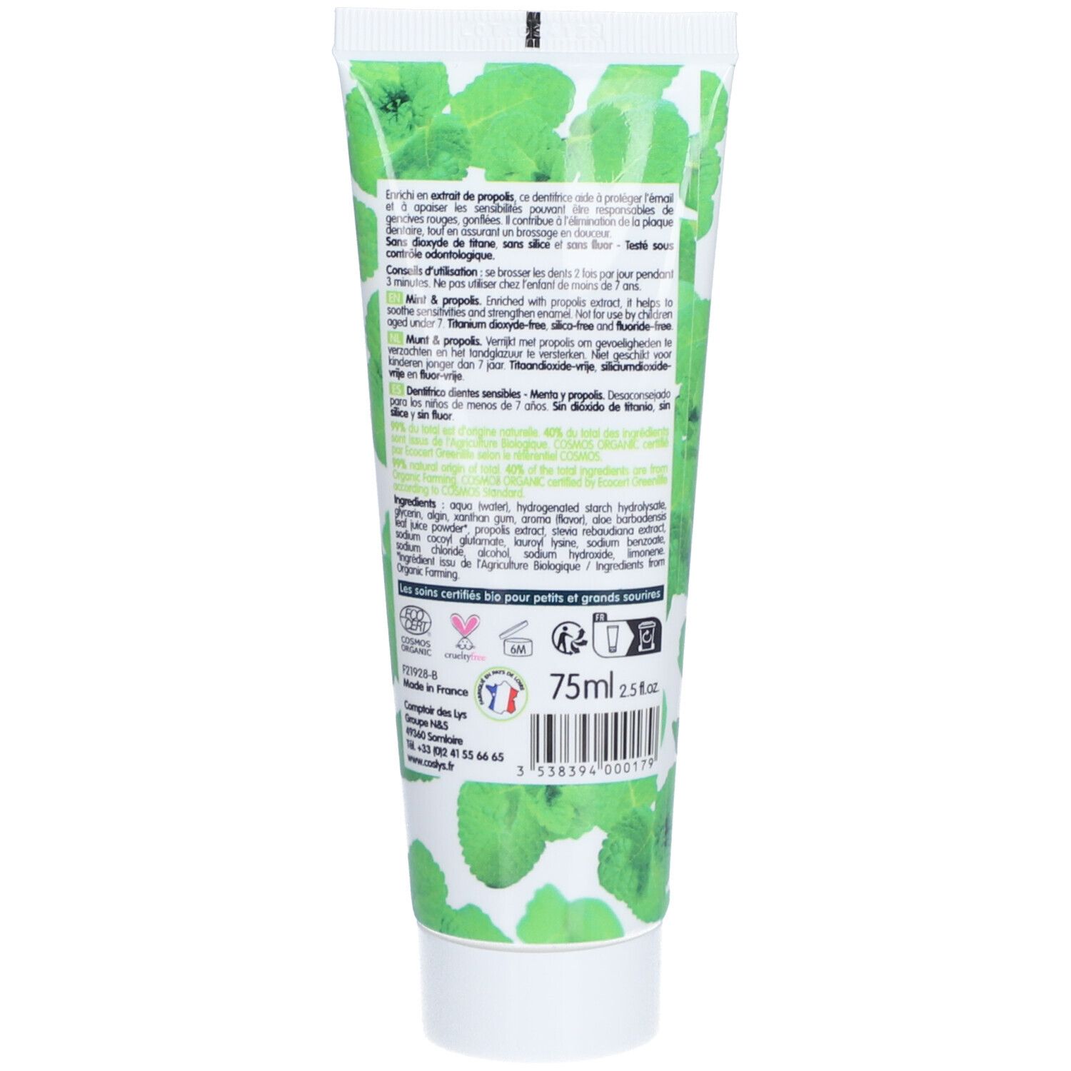 Dos du tube de dentifrice. Texte multilingue : ingrédients, mode d'emploi. Certifications bio et vegan. Contenance : 75ml.