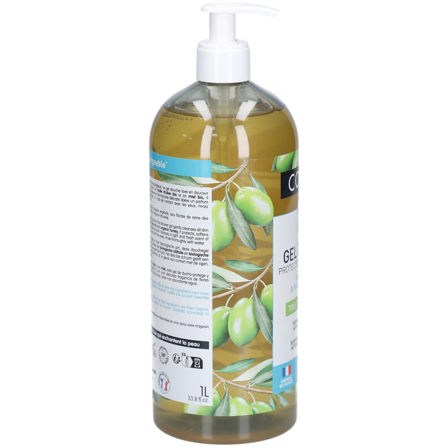 Dos du flacon. Texte : ingrédients, instructions d'utilisation. Motif olives et reine des prés. Marque 1L. Certifications.