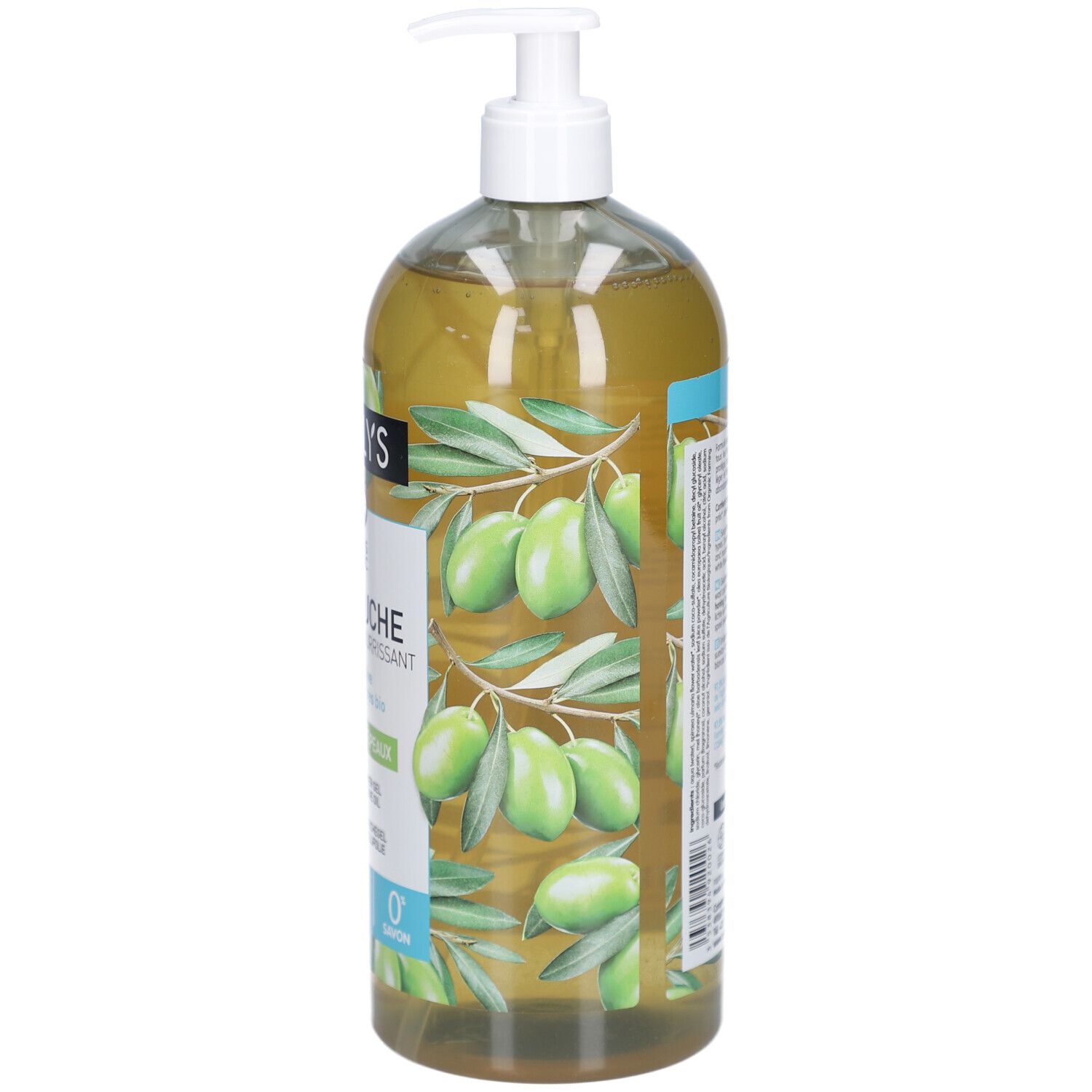 Flacon transparent avec pompe. Inscription : Gel Douche Protecteur Nourrissant. Motif olives et reine des prés. 0% savon.