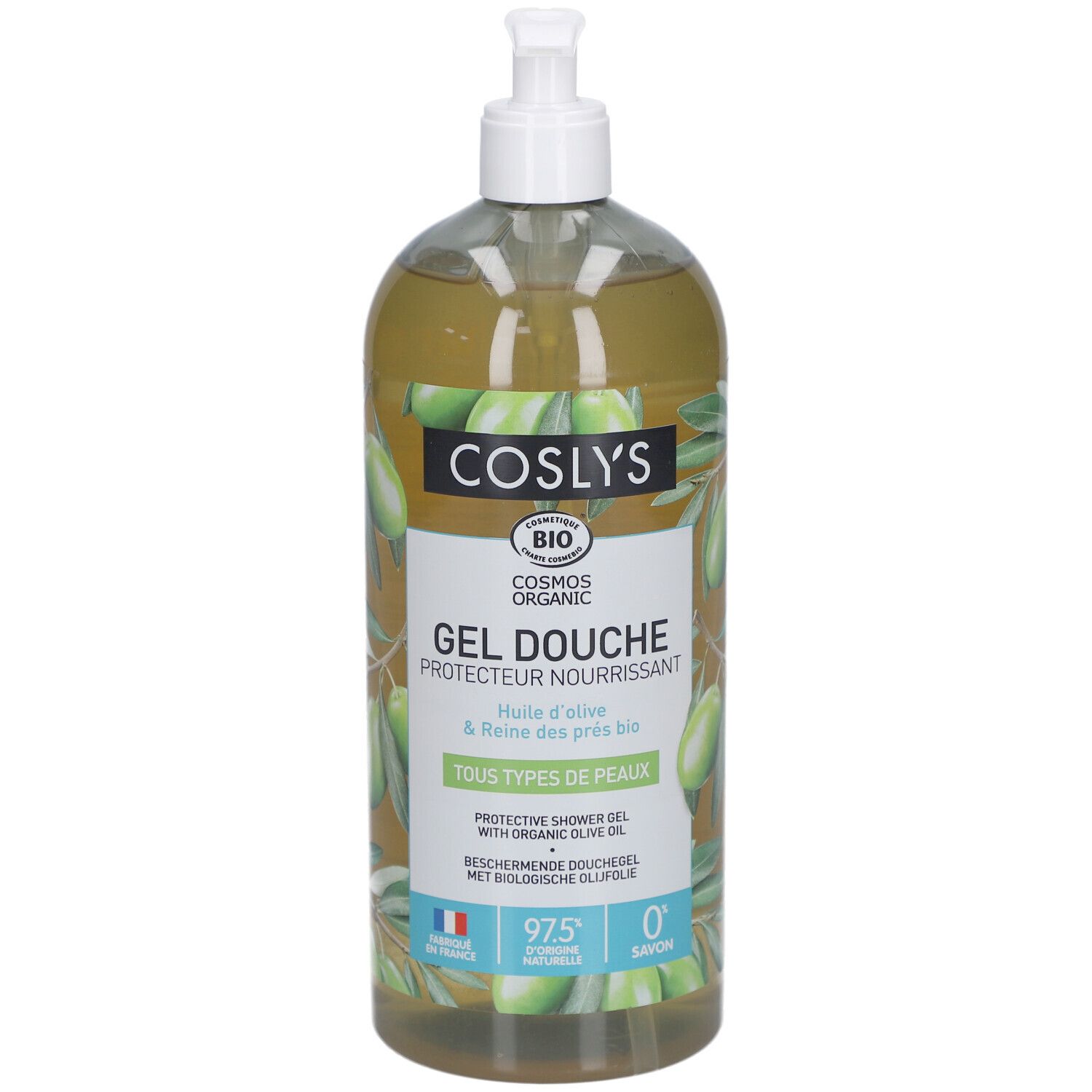 Flacon transparent avec pompe. Inscription : Coslys, Gel Douche Protecteur Nourrissant. Certification bio. Motif olives et reine des prés.
