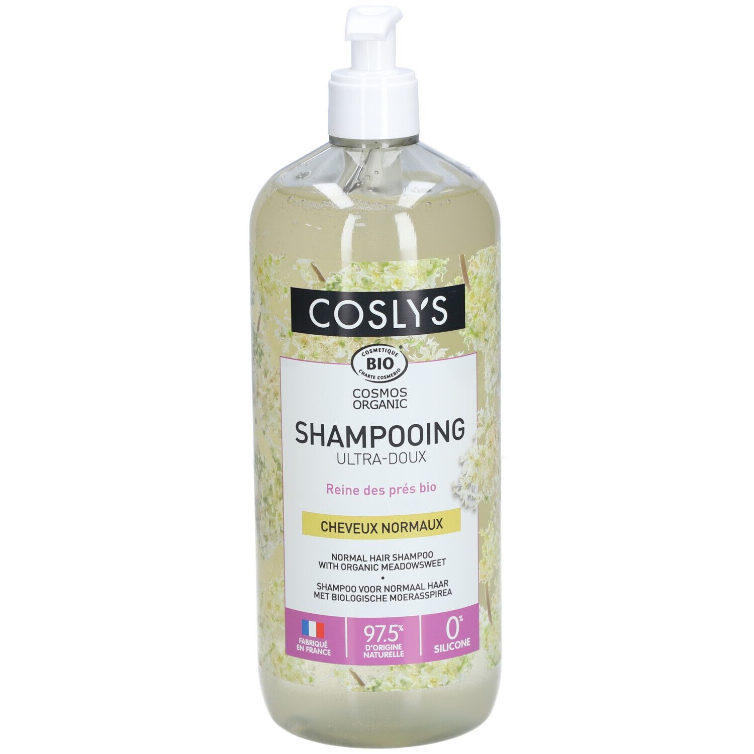 Flacon transparent de shampooing Coslys Ultra-Doux pour cheveux normaux. Label bio. Bouchon-pompe blanc.