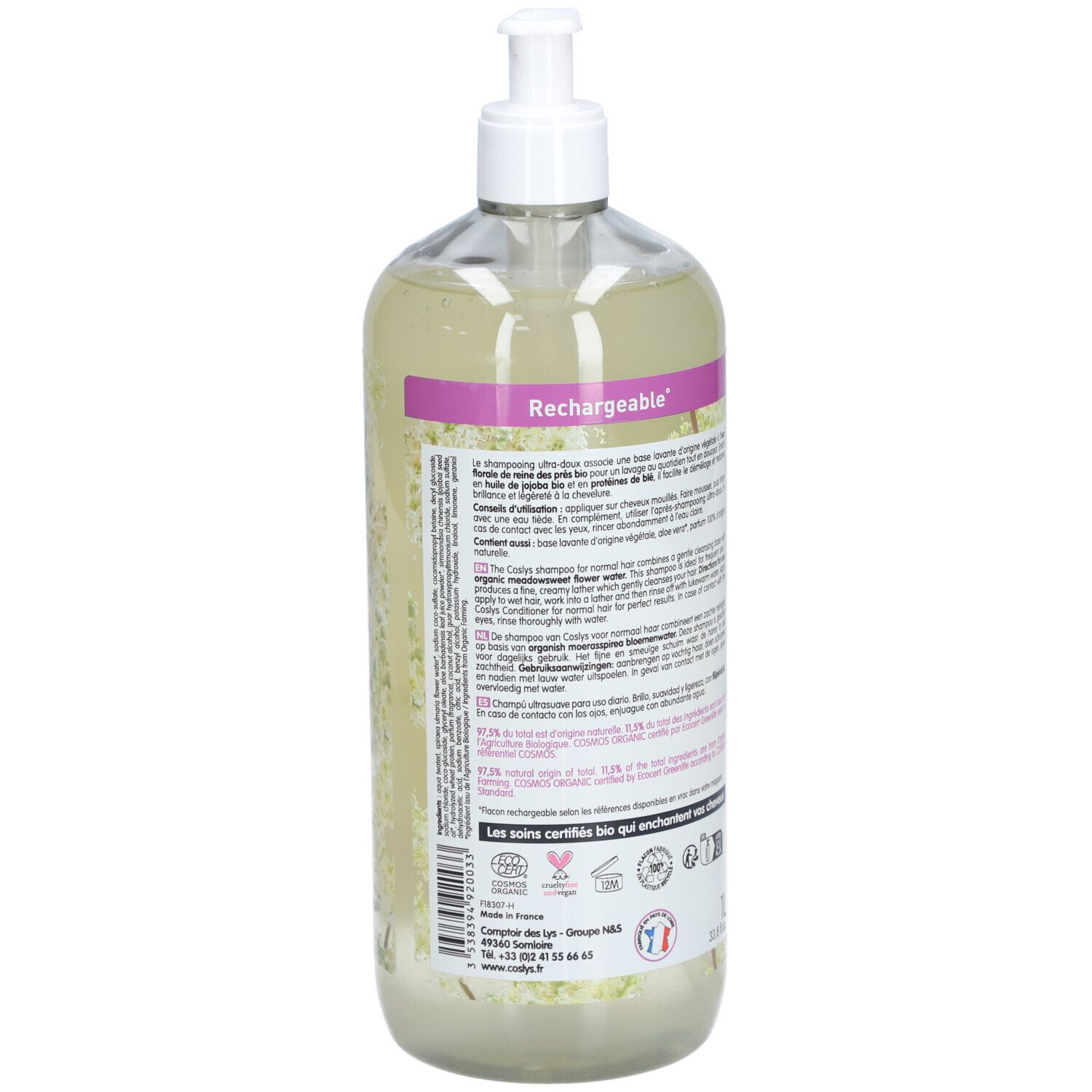 Vue arrière du flacon de shampooing. Texte et logos. Inscription : Rechargeable. Certification bio.