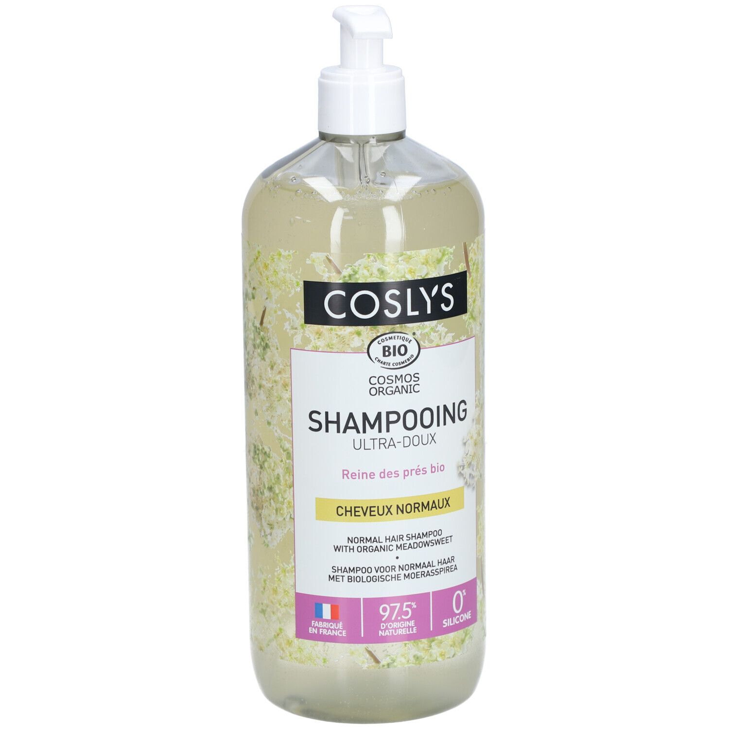 Flacon transparent de shampooing Coslys Ultra-Doux pour cheveux normaux. Label bio. Bouchon-pompe blanc.