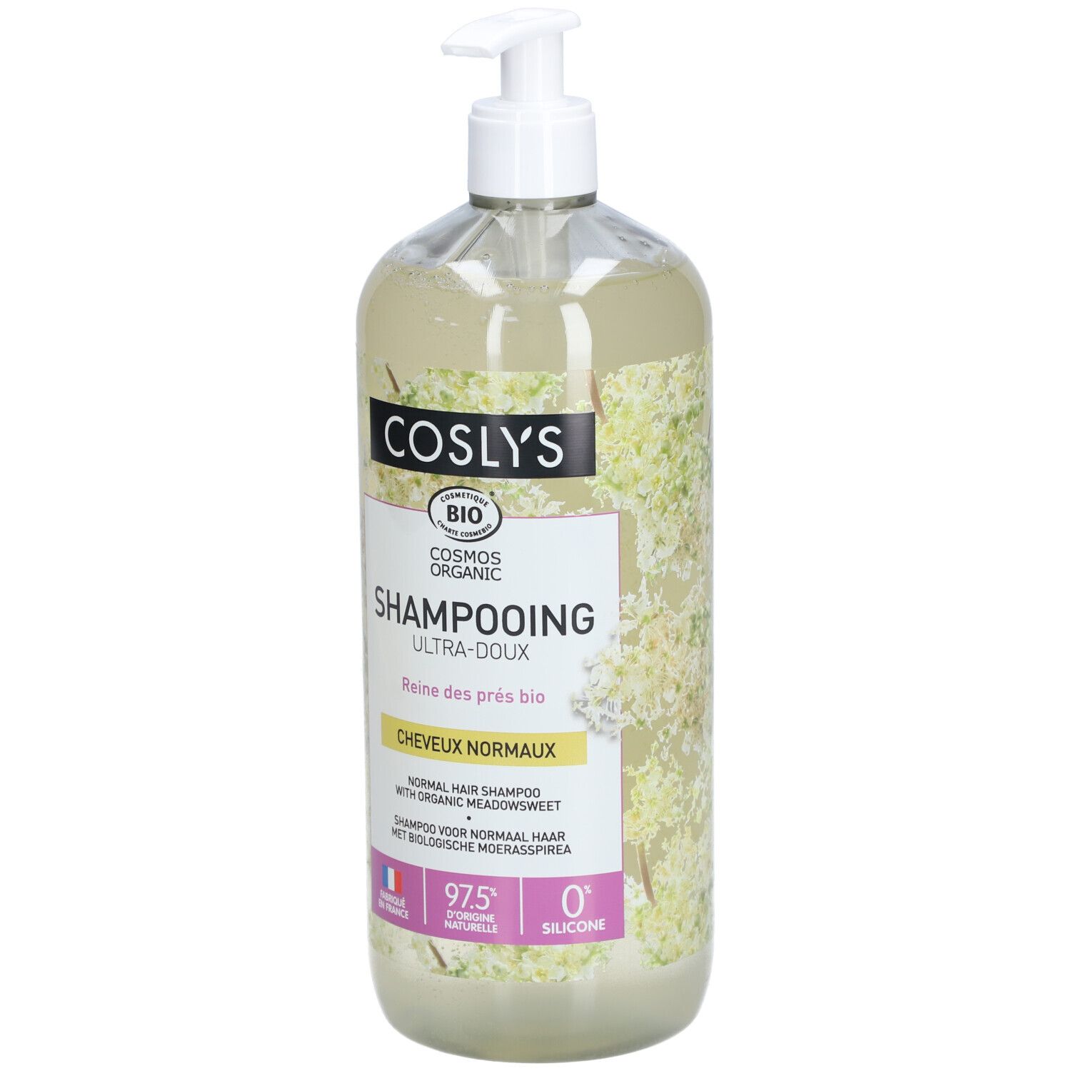 Flacon transparent de shampooing Coslys Ultra-Doux pour cheveux normaux. Label bio. Bouchon-pompe blanc.