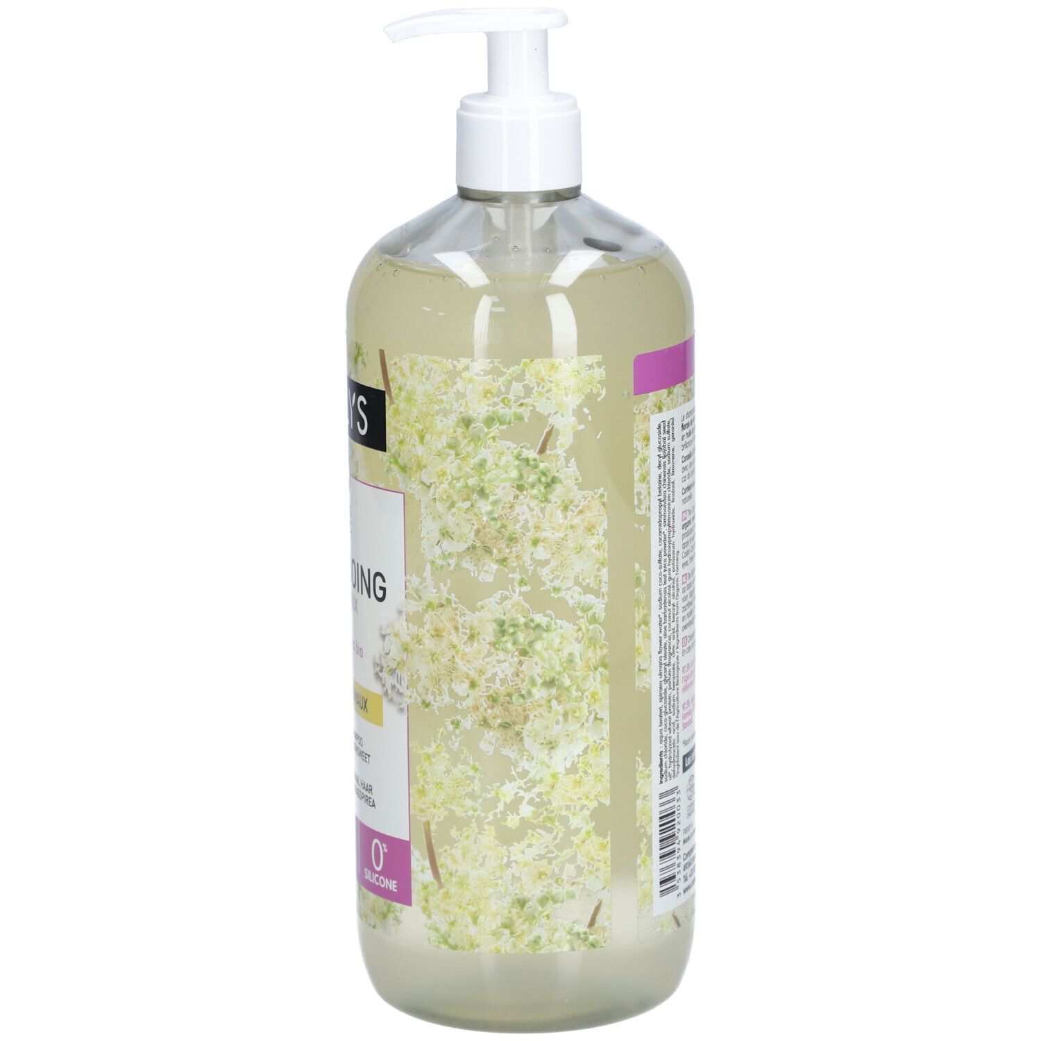Vue arrière du flacon de shampooing. Texte et logos. Inscription : 0% Silicone. Certification bio.