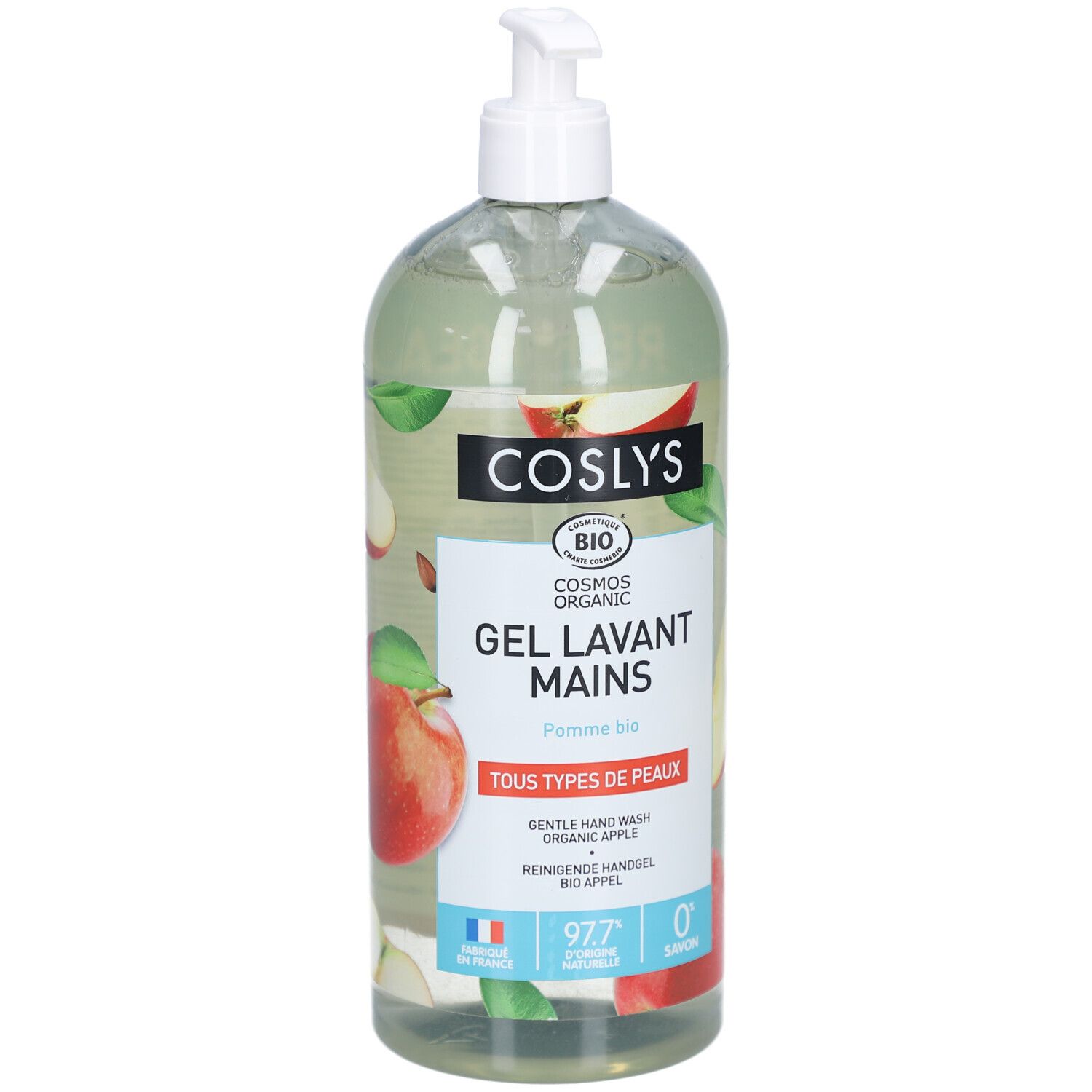 Flacon transparent avec pompe. Étiquette "Coslys", "Gel Lavant Mains", illustrations de pommes et label bio. Drapeau français.