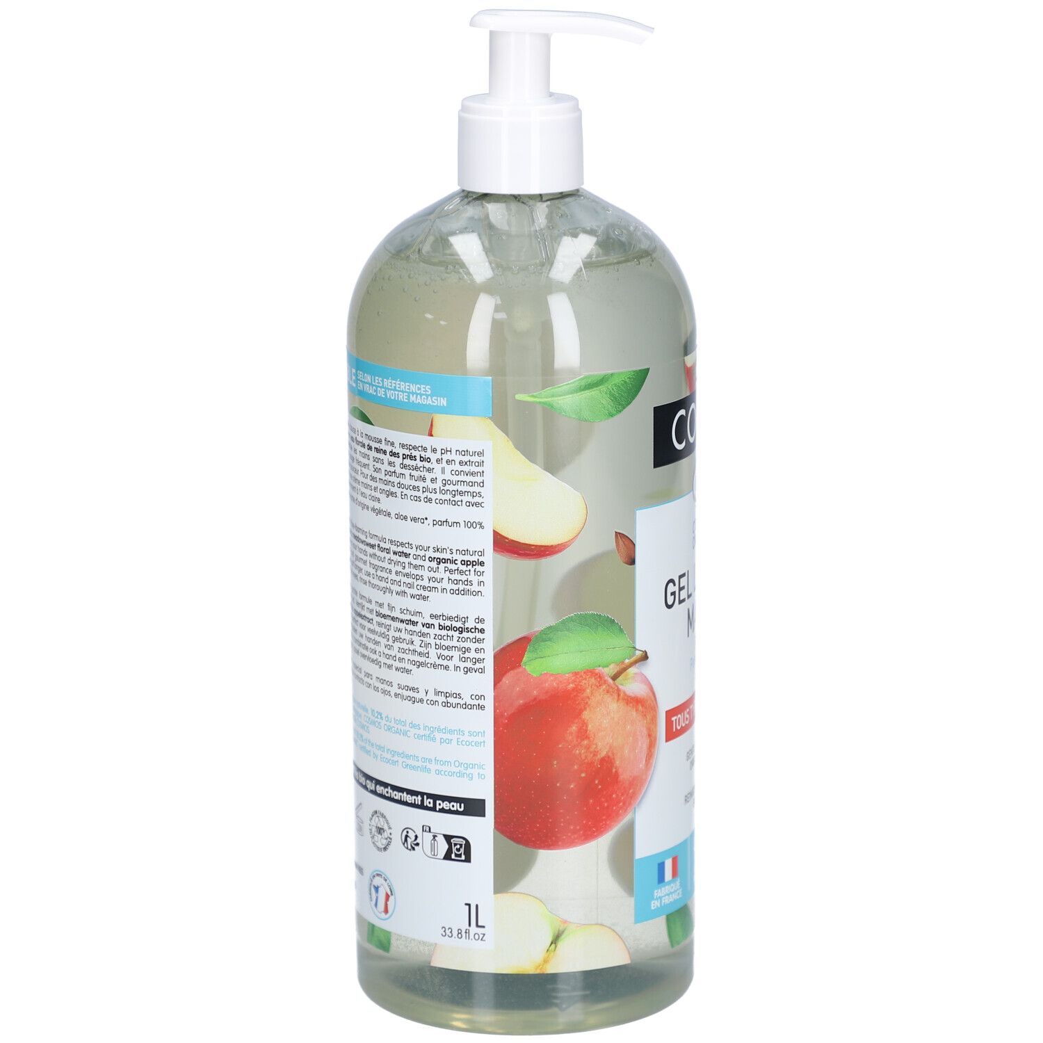 Flacon transparent avec pompe. Dos avec texte et illustrations. Illustrations de pommes. Drapeau français. Volume : 1L.