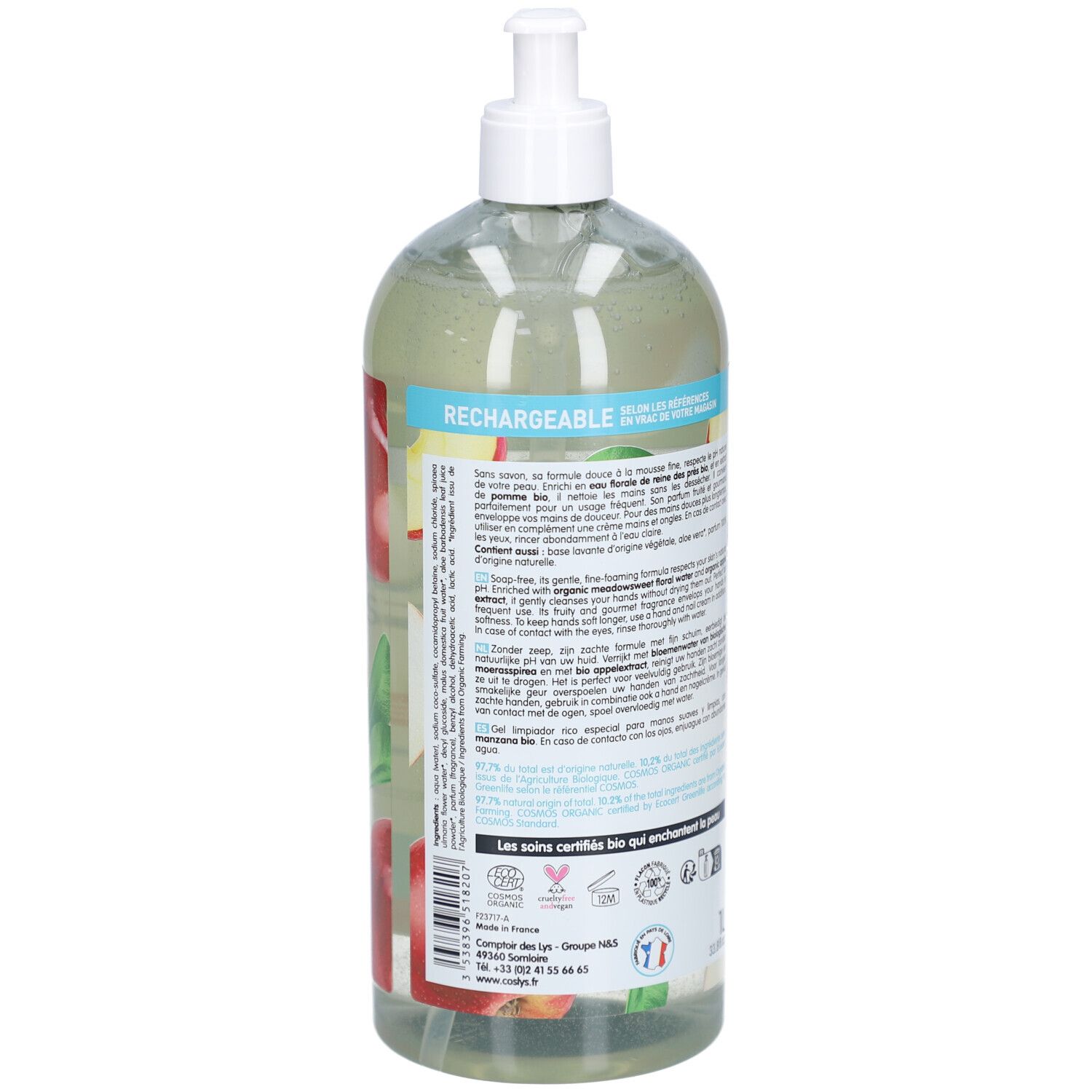 Flacon transparent avec pompe. Dos avec texte. Texte "RECHARGEABLE". Certifications bio. Drapeau français.