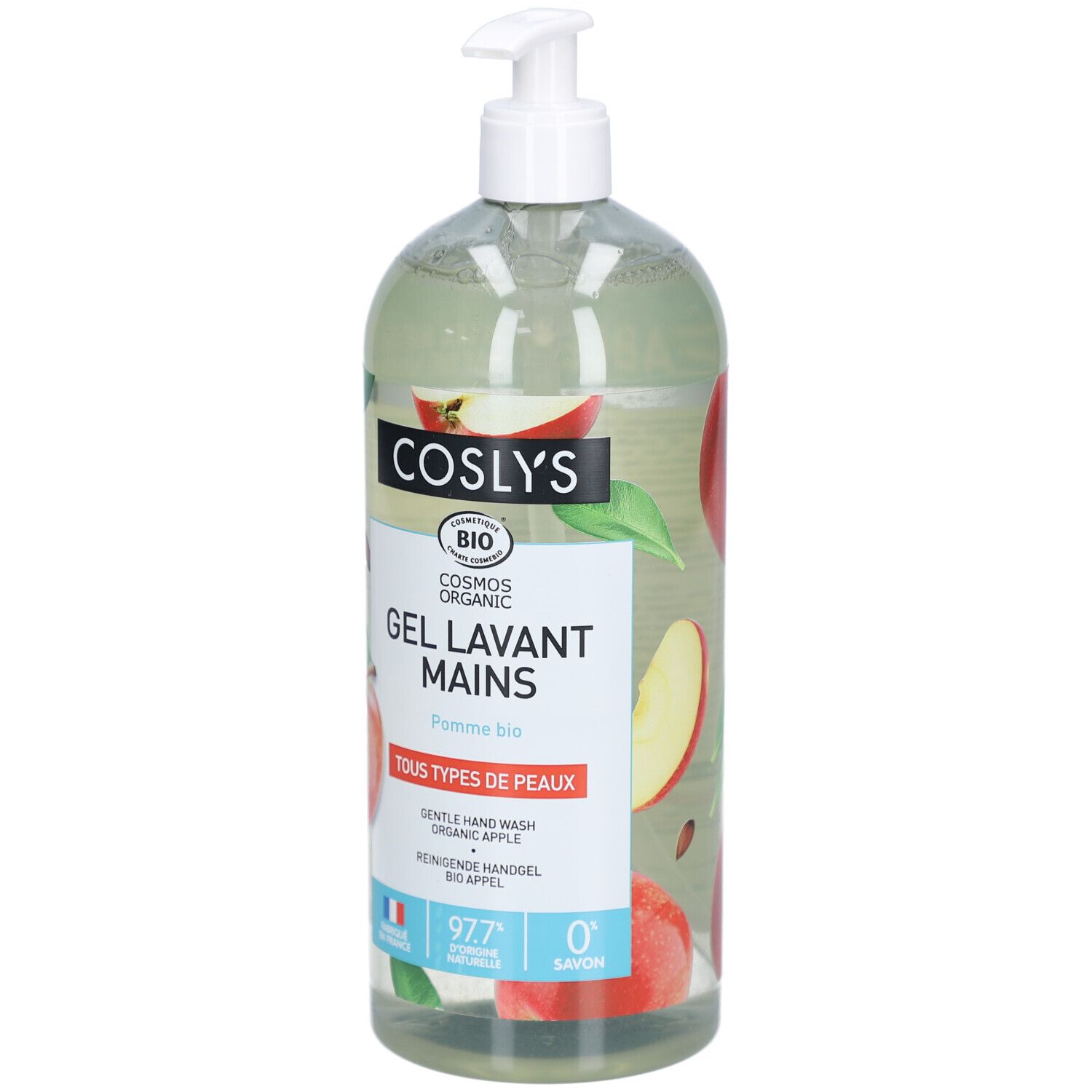 Flacon transparent avec pompe. Étiquette "Coslys", "Gel Lavant Mains", illustrations de pommes et label bio. Drapeau français.