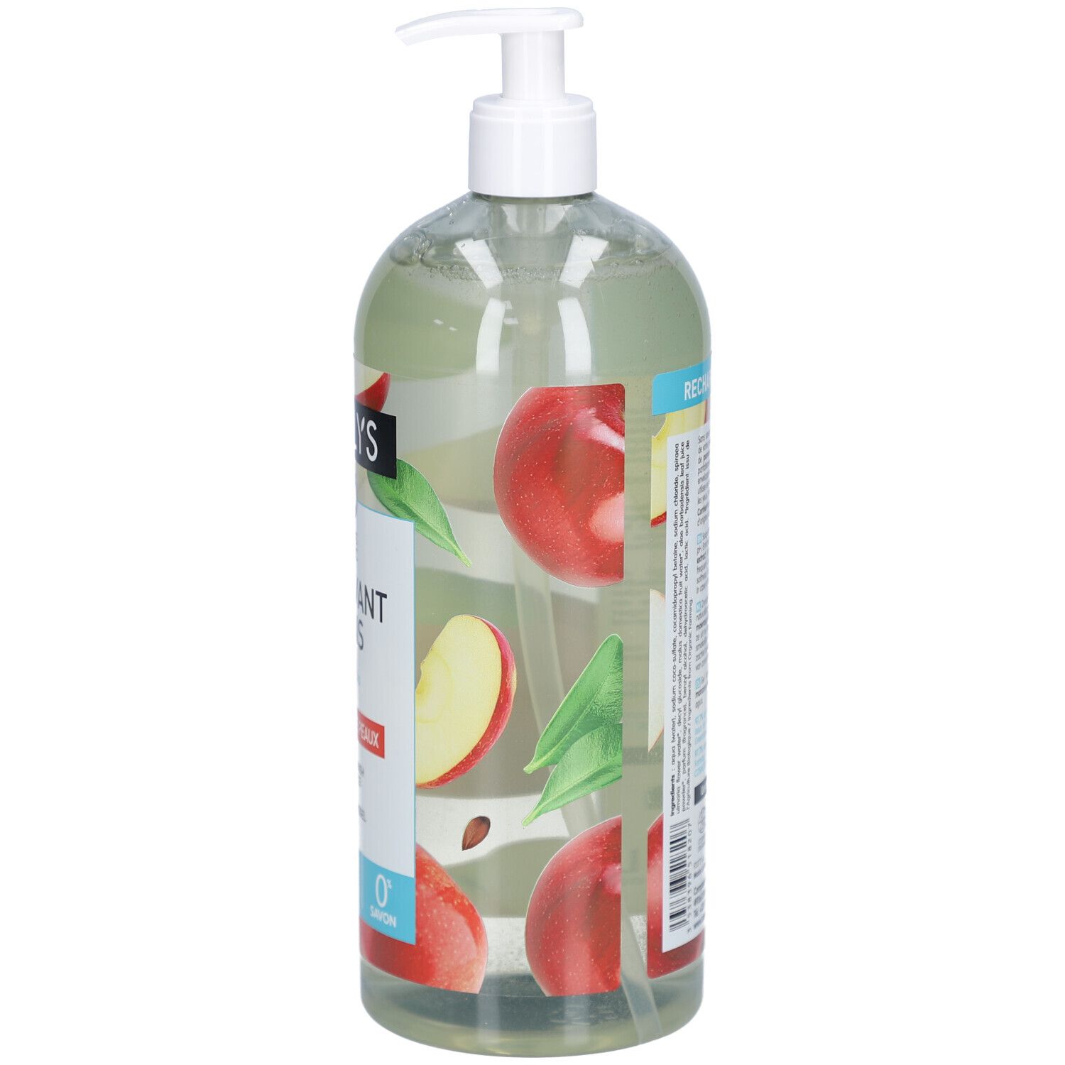 Flacon transparent avec pompe. Étiquette avec illustrations de pommes. Texte "RECHARGEABLE". Drapeau français. Label bio.