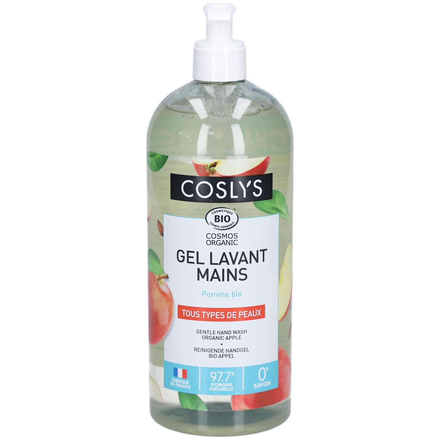 Flacon transparent avec pompe. Étiquette "Coslys", "Gel Lavant Mains", illustrations de pommes et label bio. Drapeau français.