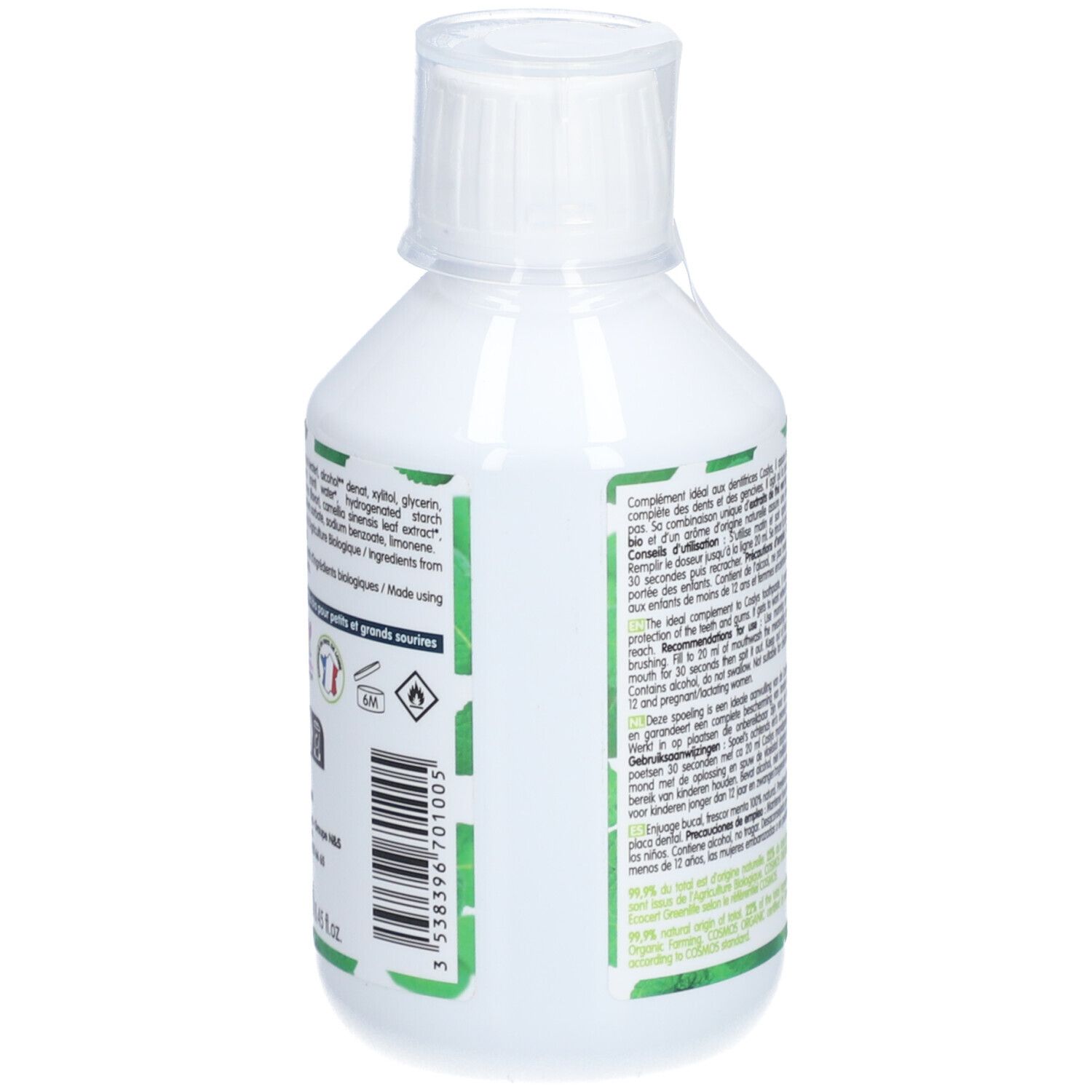 Dos du flacon blanc. Texte multilingue. Code-barres et symboles. Informations sur le produit.