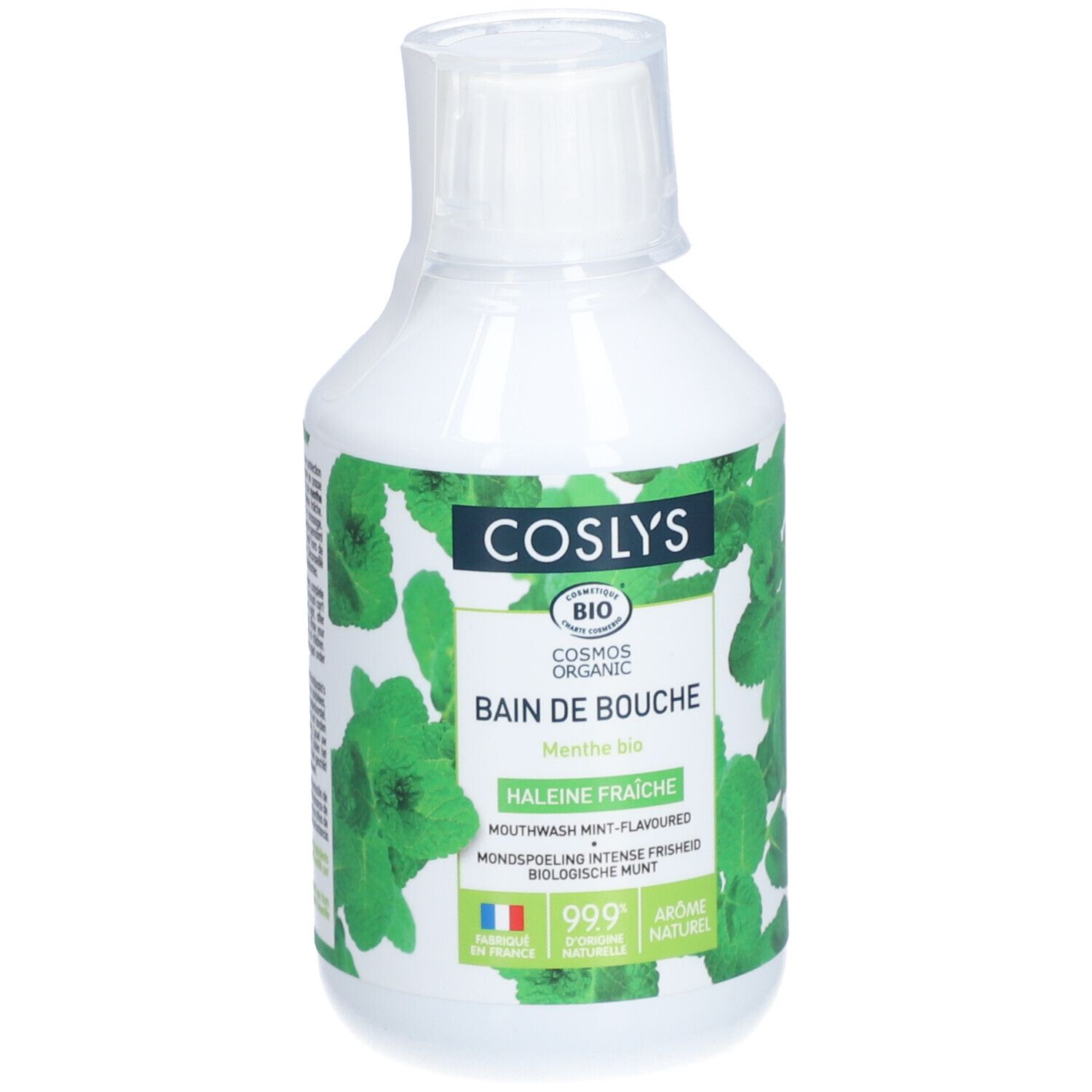 Flacon blanc avec étiquette verte. Inscription : Coslys, Bain de Bouche, Halene Fraîche. Certification bio.