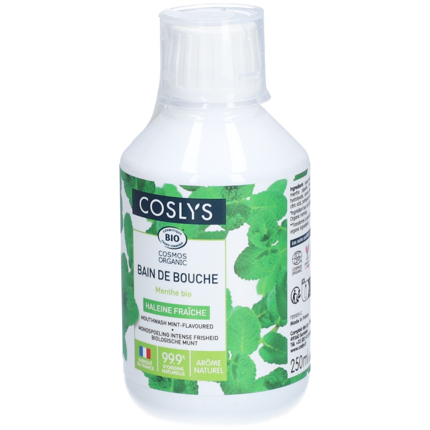 Flacon blanc avec étiquette verte. Inscription : Coslys, Bain de Bouche, Halene Fraîche. Volume : 250ml.