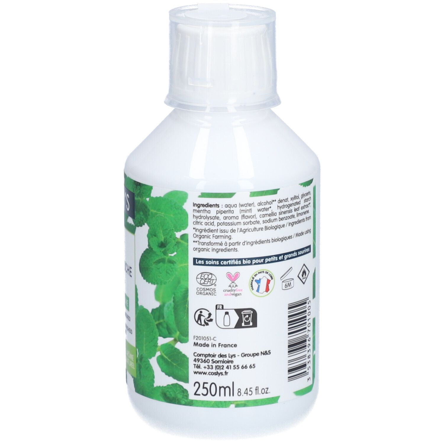 Dos du flacon blanc. Ingrédients, certifications, volume : 250ml, 8.45 fl oz. Fabriqué en France.