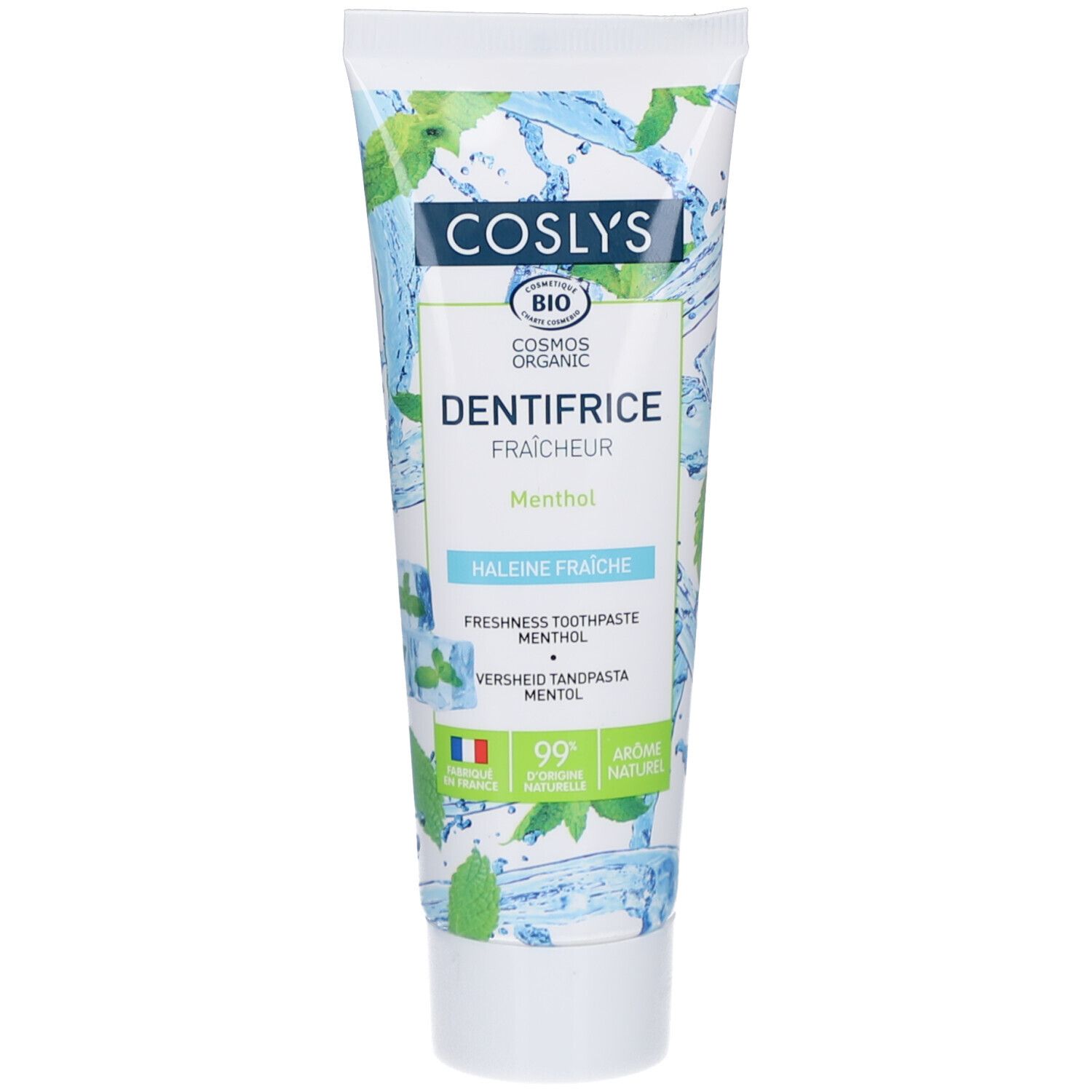 Tube de dentifrice COSLYS BIO, DENTIFRICE FRAICHEUR Menthol. Design vert et bleu avec feuilles de menthe.