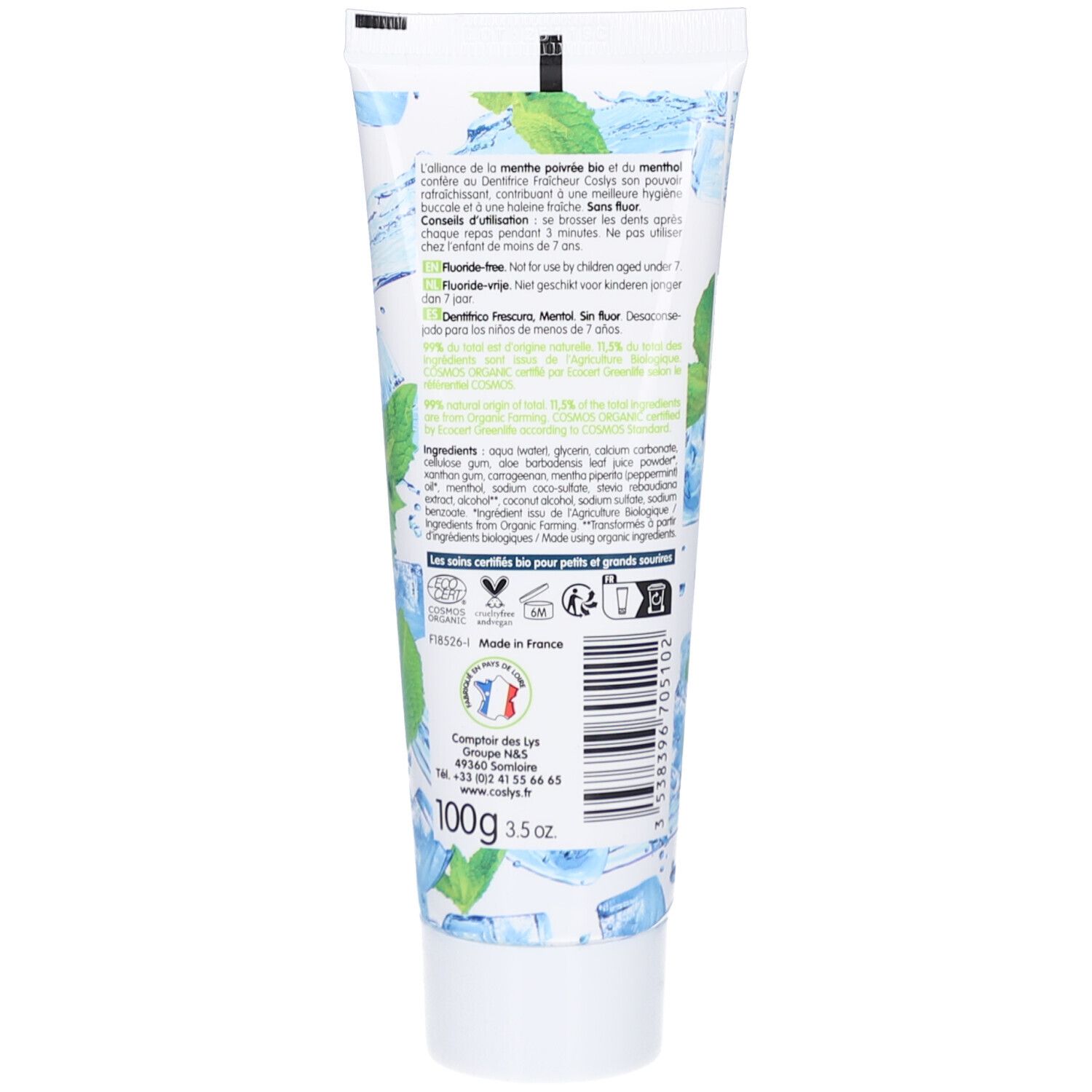 Dos du tube de dentifrice. Texte avec ingrédients, conseils d'utilisation, certifications et 100g/3.5oz.