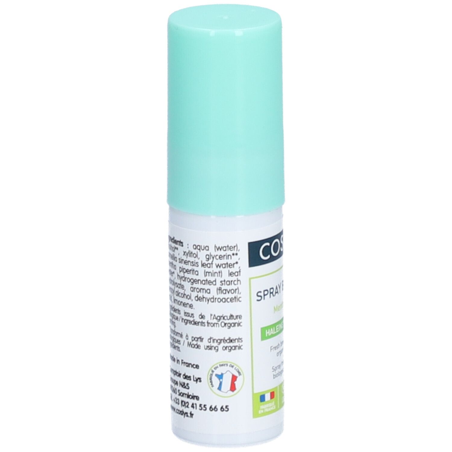 Bouteille blanche avec bouchon vert clair. Dos avec ingrédients et origine: Made in France.