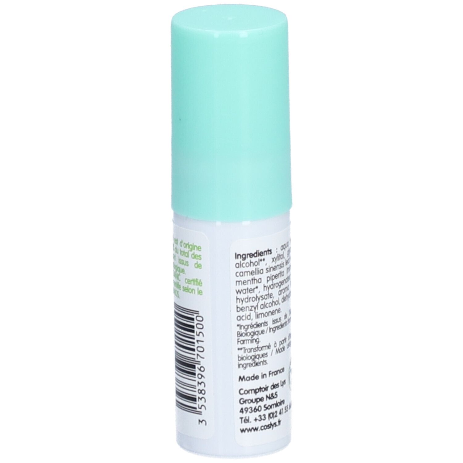 Bouteille blanche avec bouchon vert clair. Dos avec ingrédients et origine: Made in France.