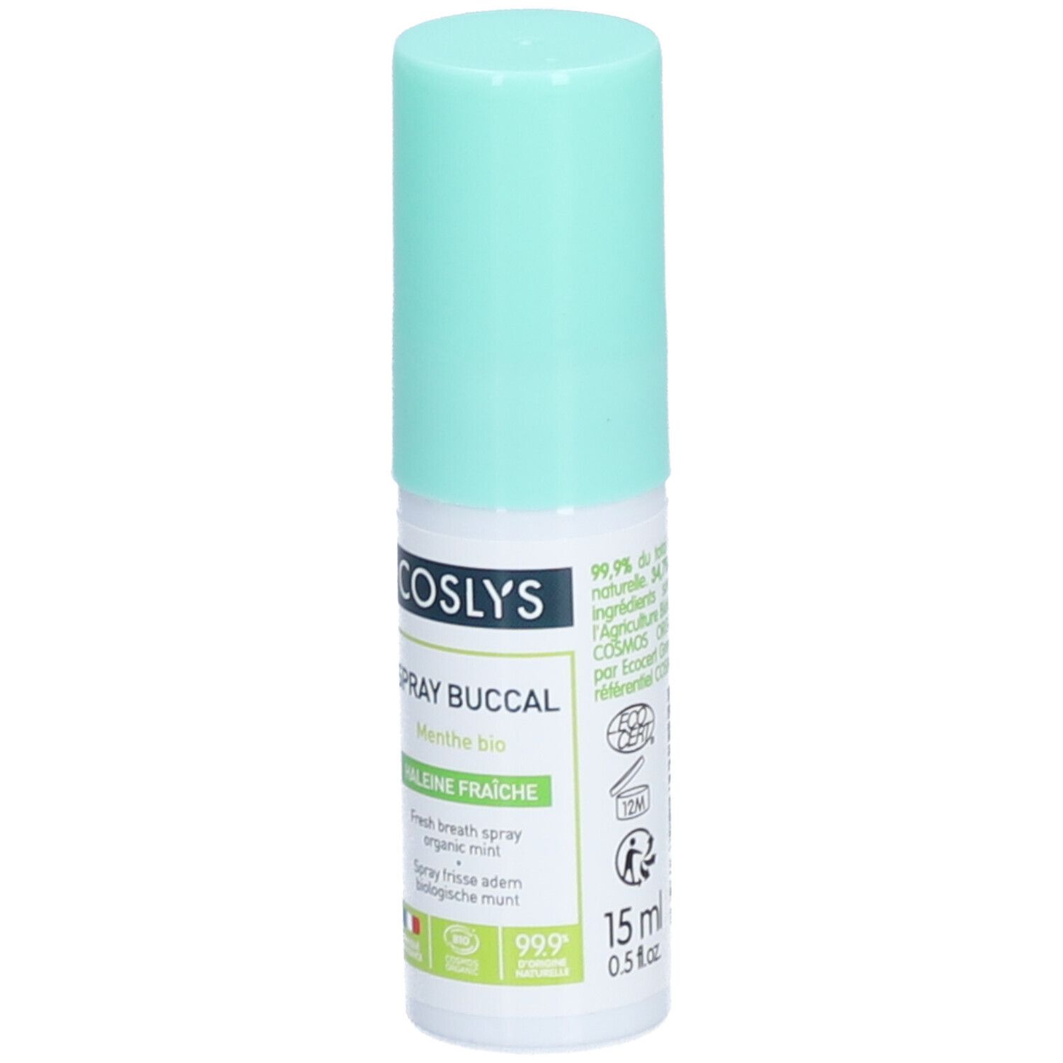Petite bouteille blanche à bouchon vert clair. Inscription: COSLYS, Spray Buccal, Menthe bio, Haleine fraîche. 15ml.