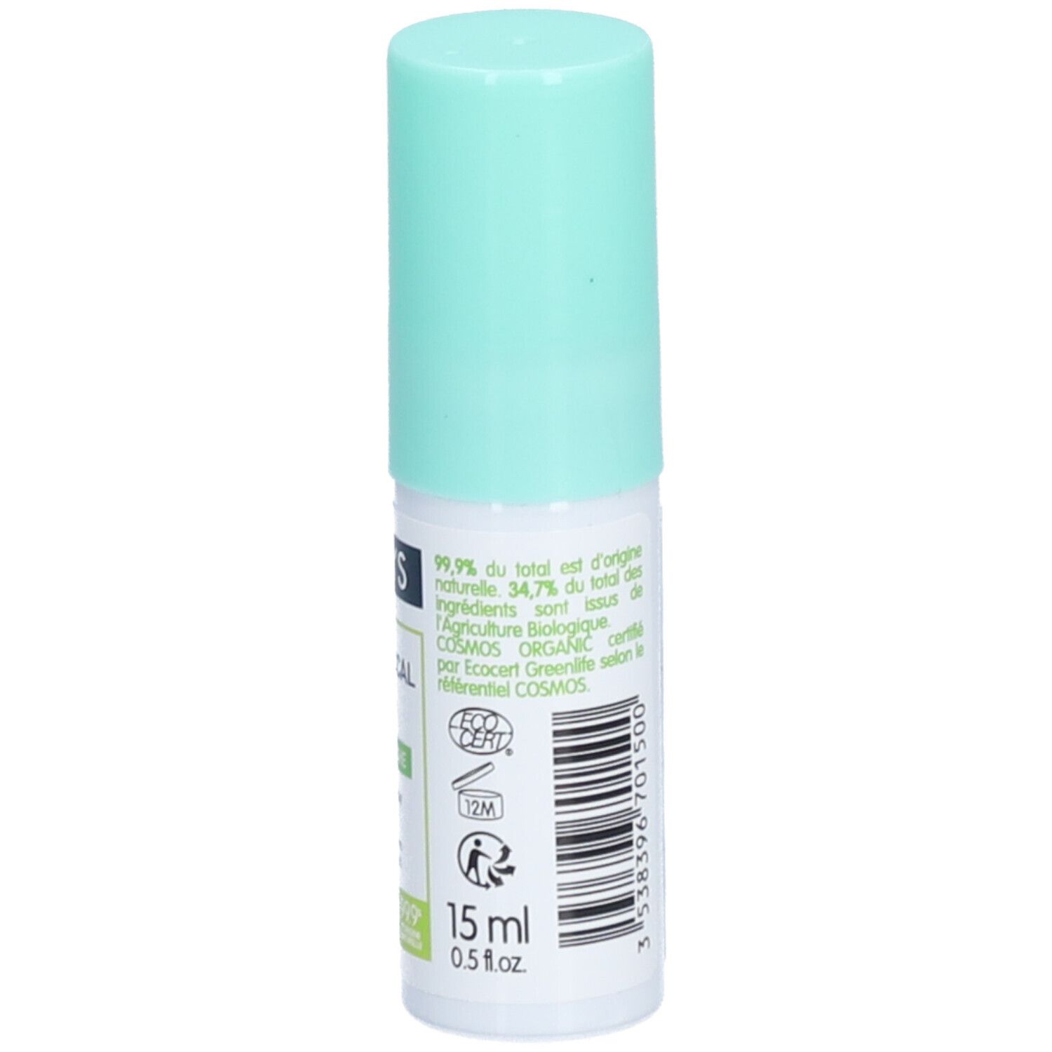 Bouteille blanche avec bouchon vert clair. Inscription: COSLYS, Spray Buccal, Menthe bio, Haleine fraîche. 15ml.