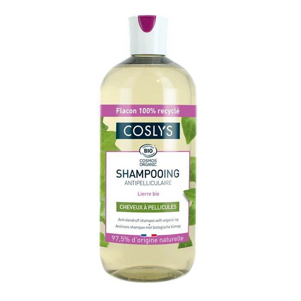 Flacon de Shampooing antipelliculaire COSLYS. Bouchon blanc, étiquette verte. 100% recyclé.